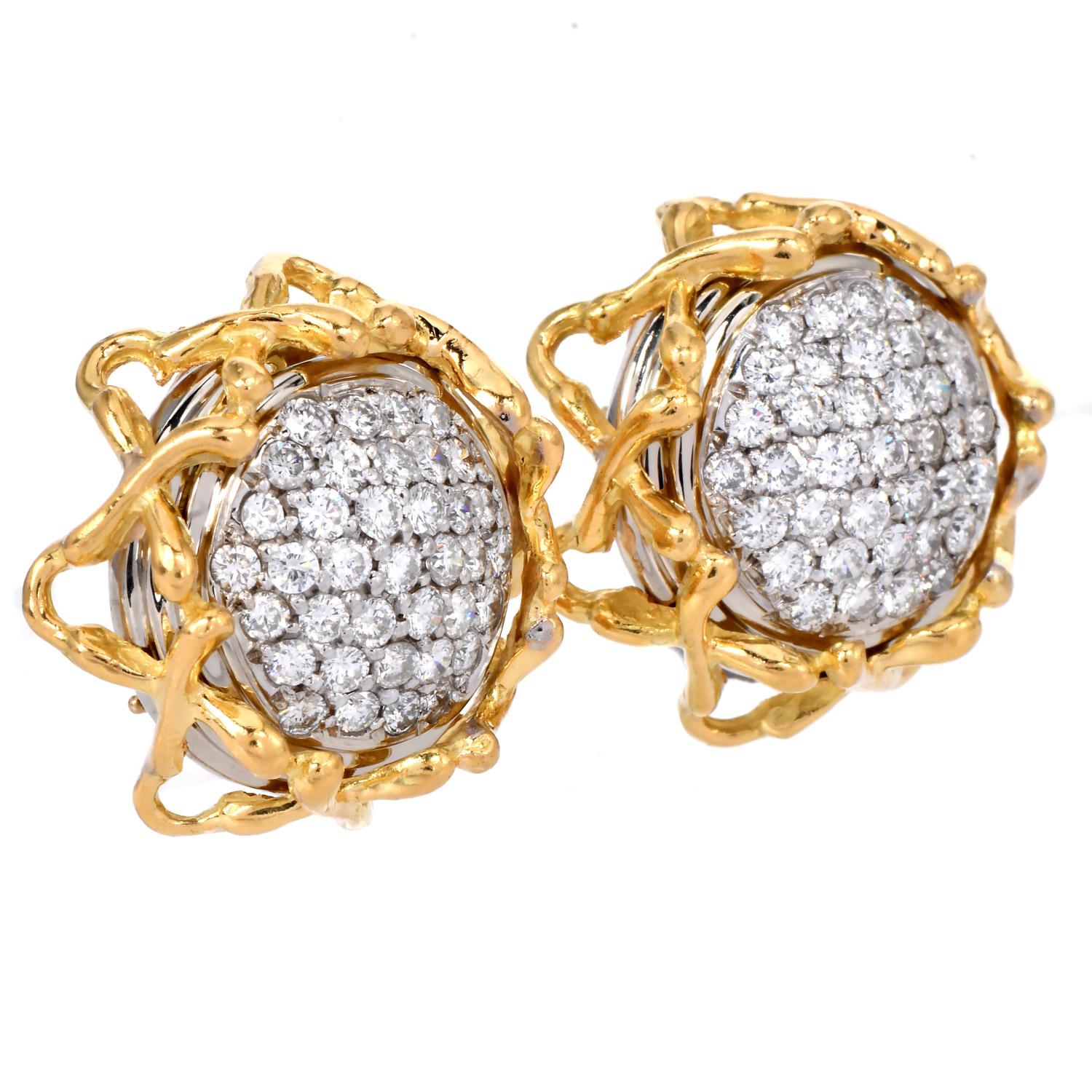Orecchini d'epoca con motivo a girasole in oro 18 carati e diamante da 3,25 carati In condizioni ottime in vendita a Miami, FL