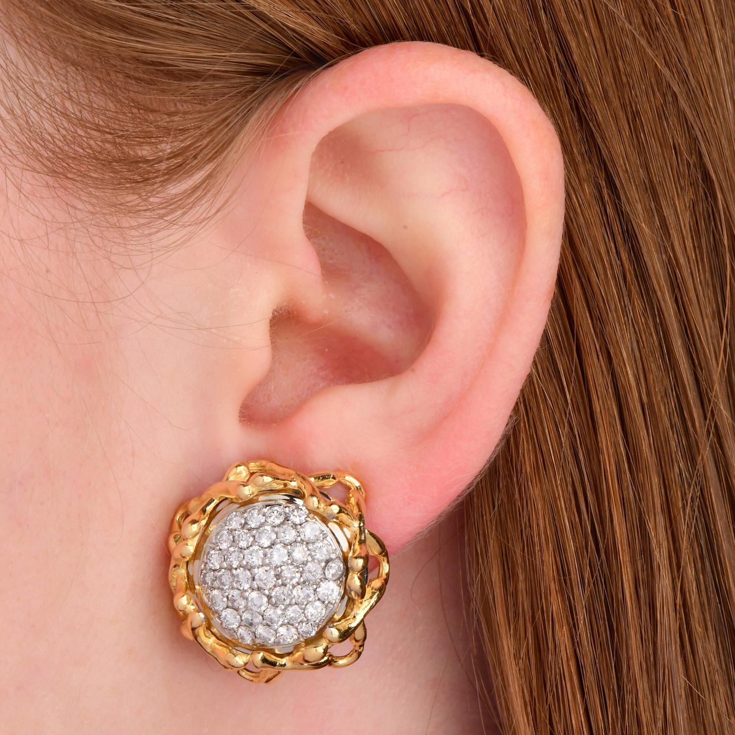 Women's Vintage 3.25cttw Diamond 18K Gold Sunflower Motif Earrings For Sale
