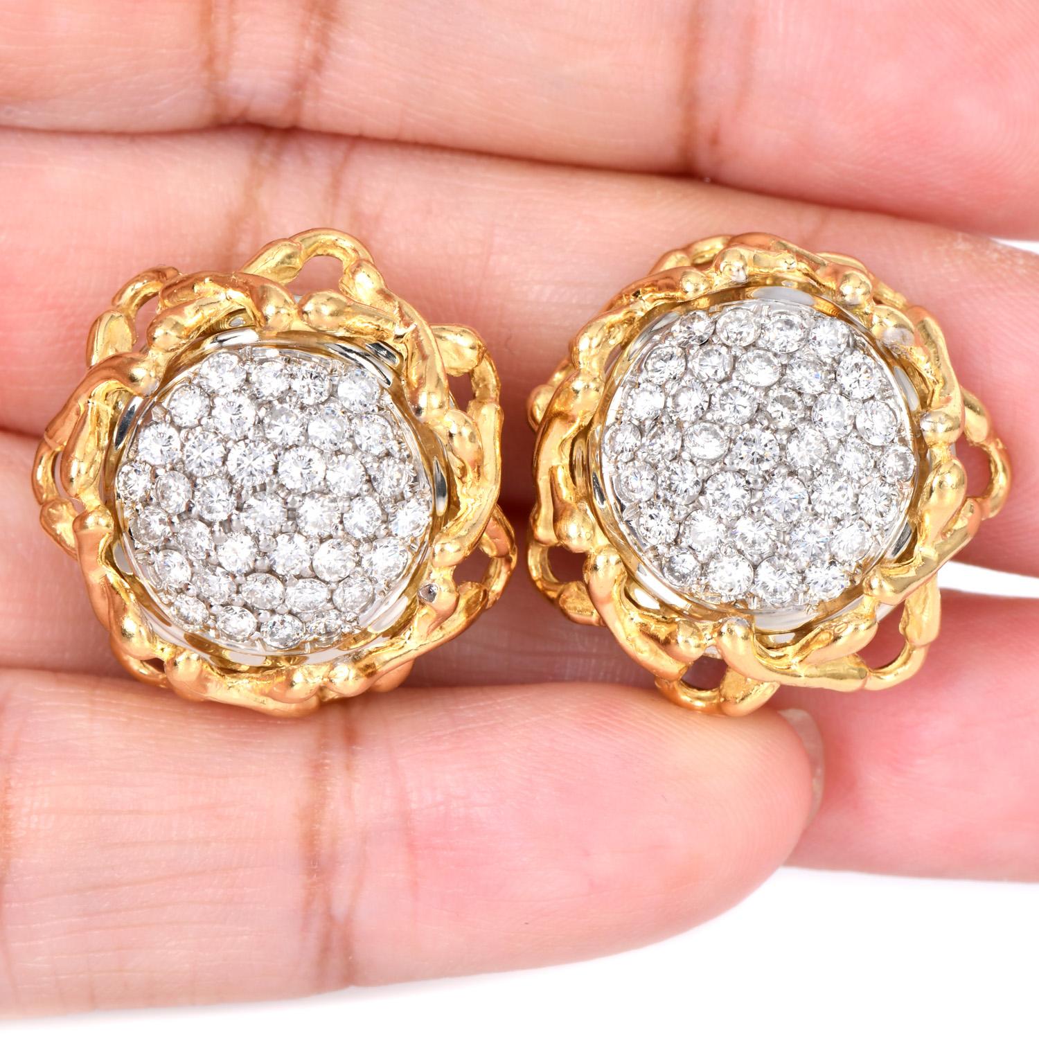 Donna Orecchini d'epoca con motivo a girasole in oro 18 carati e diamante da 3,25 carati in vendita