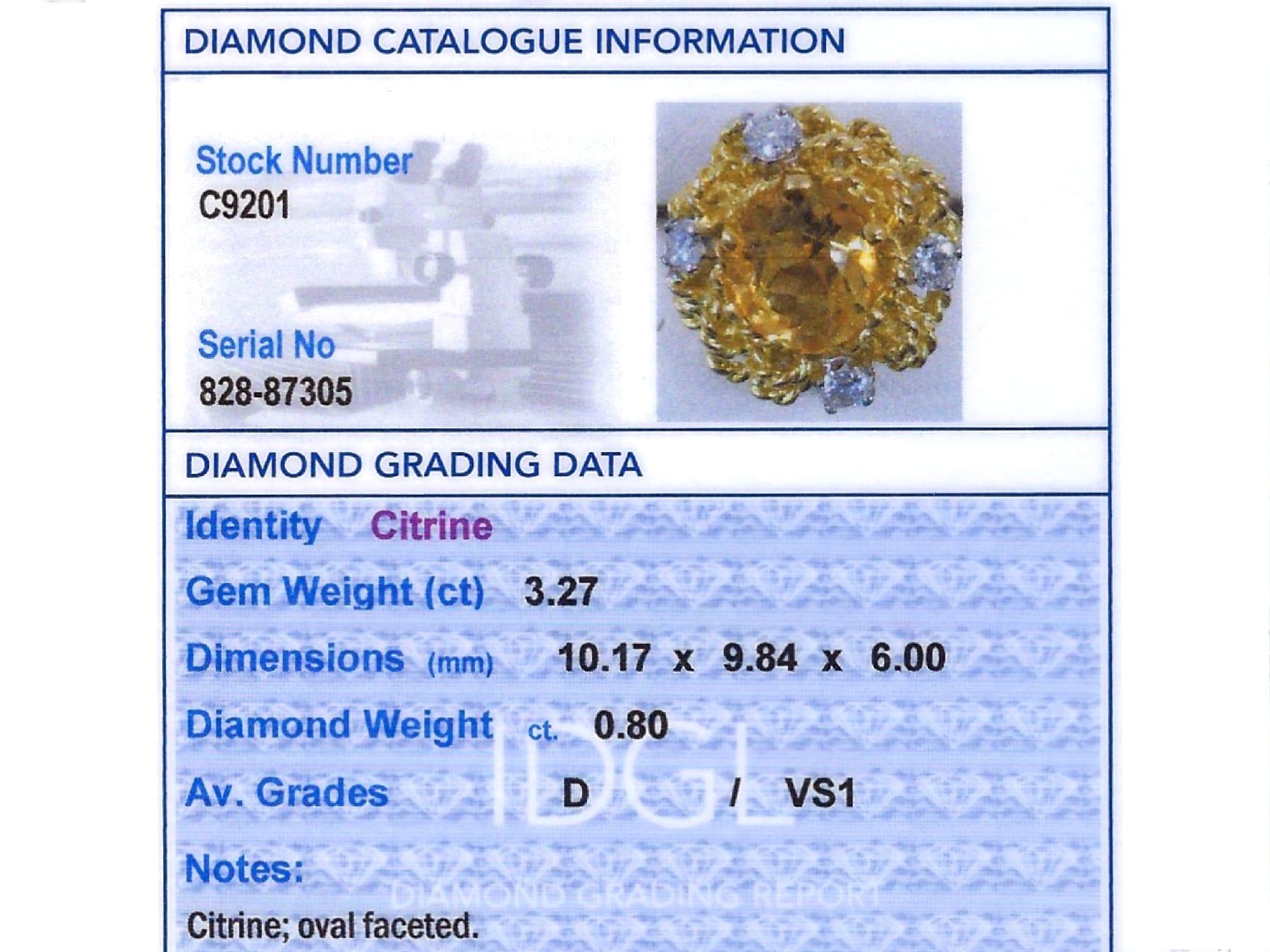 Anello vintage in oro giallo 18k con citrino da 3,27 carati e diamante da 0,80 carati (1984) in vendita 6