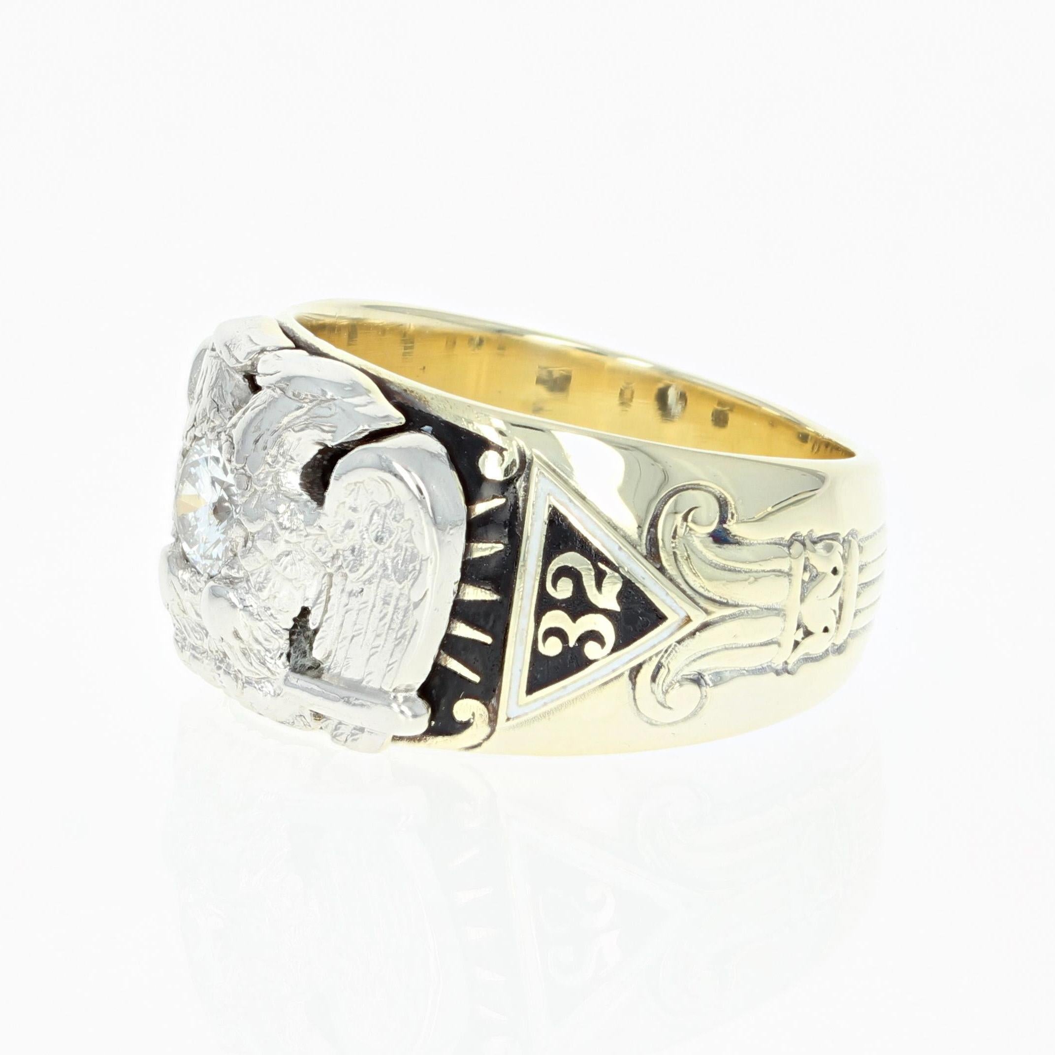 Crafted in 14k yellow gold, this vintage 32nd degree Scottish Rite ring features a platinum double-headed eagle displaying a radiant diamond solitaire. The ring’s shoulders showcase inverted triangles set with the number 32 and a Yod symbol