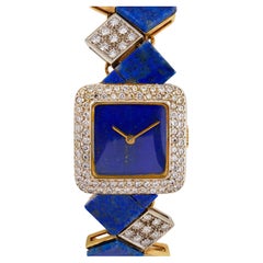 Vintage 3.30 carat diamond lapis lazuli 18k yellow gold watch