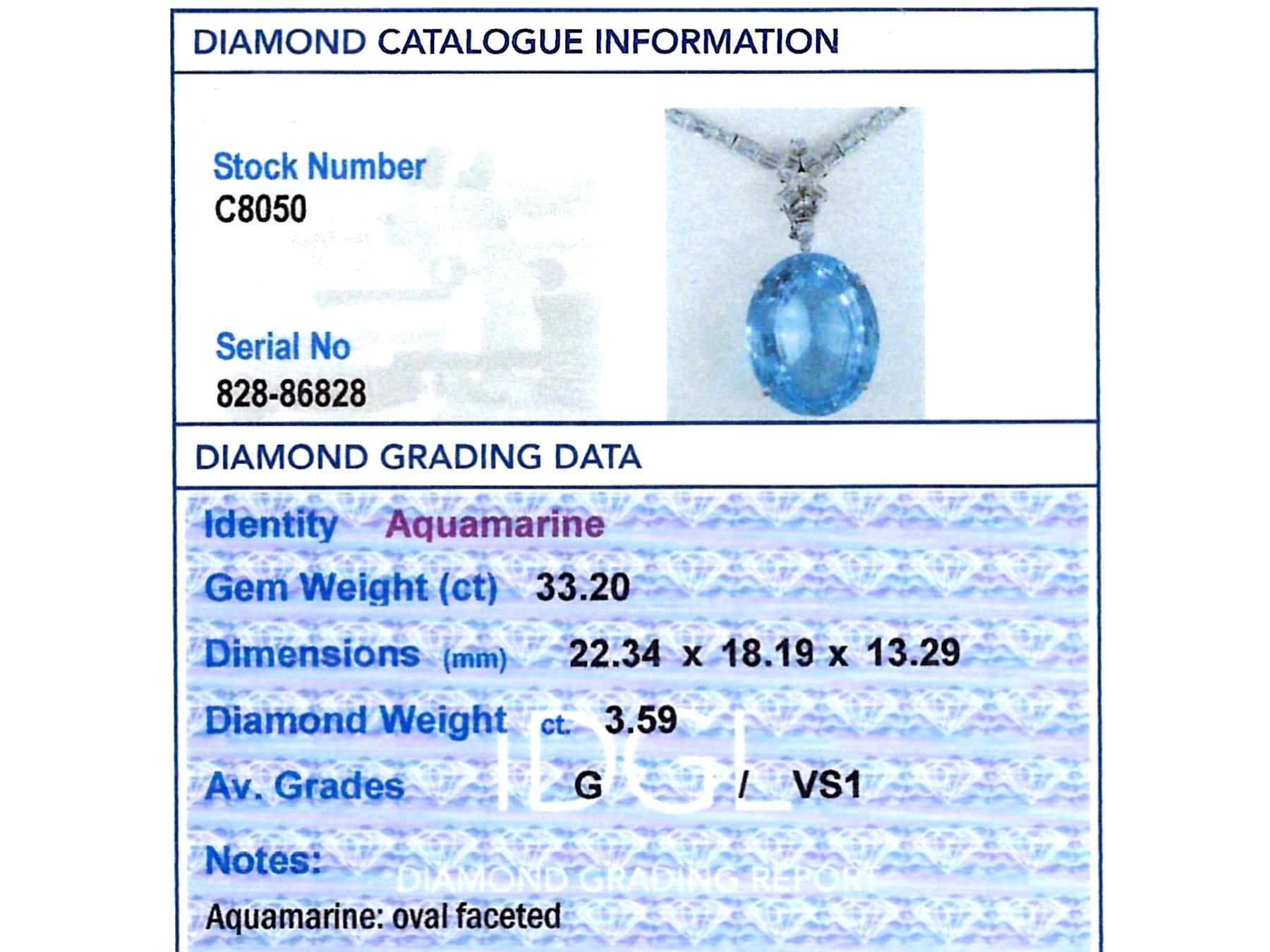Vintage 33.2 Carat Aquamarine 3.59 Carat Diamond and Platinum Pendant For Sale 4