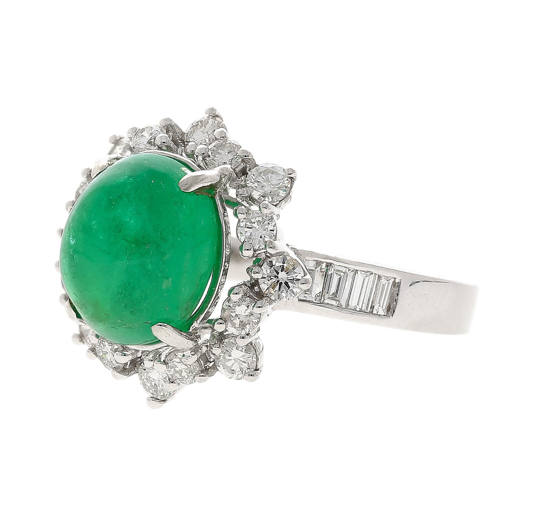 Art Nouveau Vintage 3.32 Carat Cabochon Emerald and Diamond Halo Ring in 14K White Gold For Sale