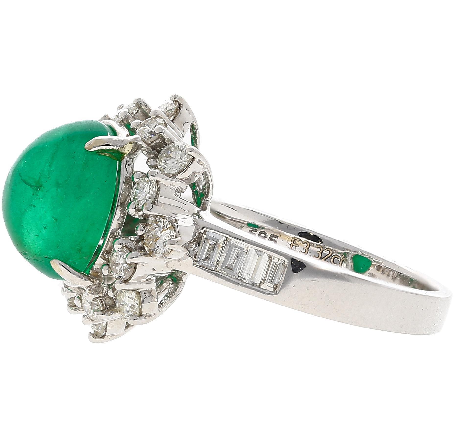 Vintage 3.32 Carat Cabochon Emerald and Diamond Halo Ring in 14K White Gold In Excellent Condition For Sale In Miami, FL
