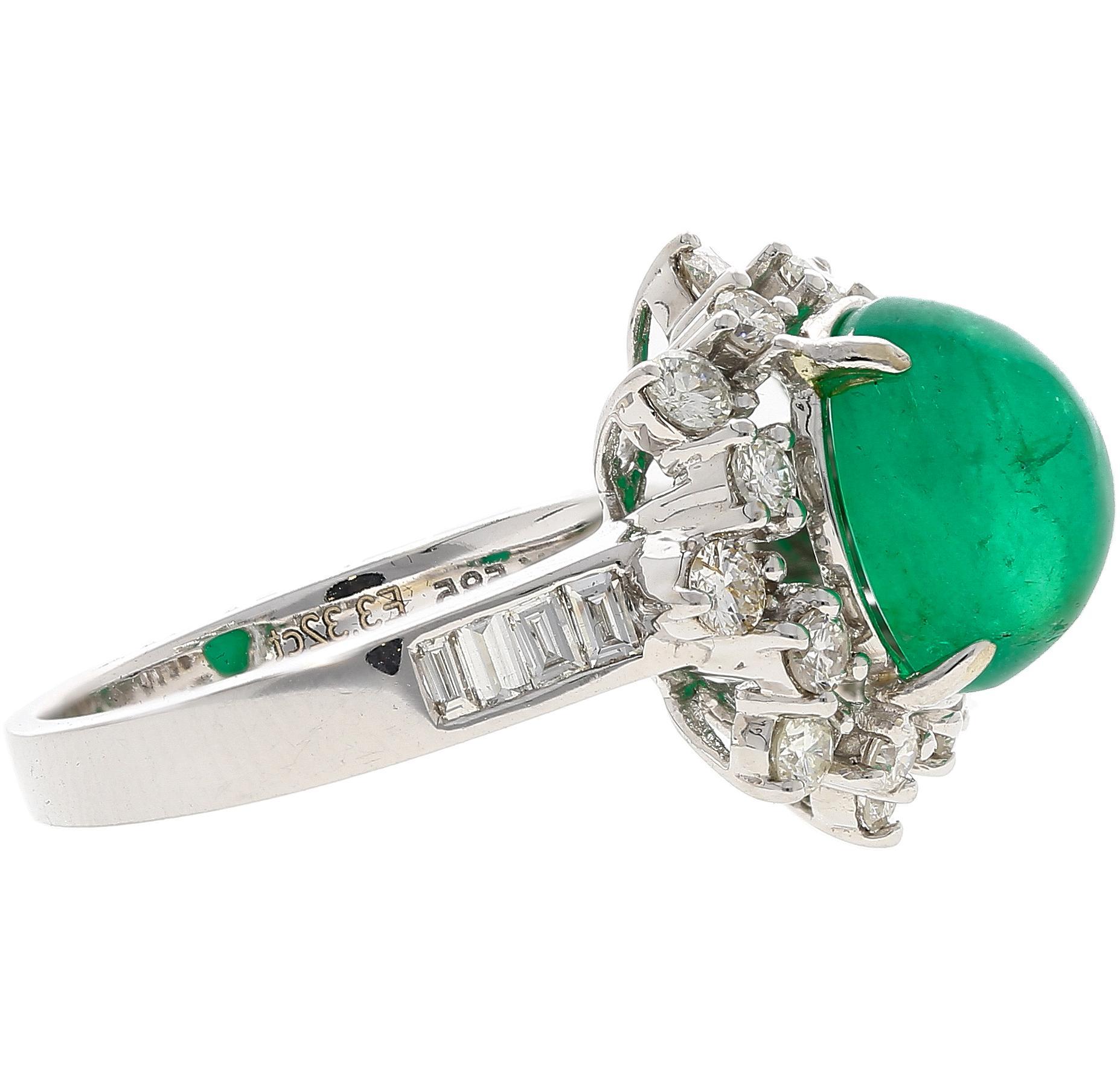 Women's or Men's Vintage 3.32 Carat Cabochon Emerald and Diamond Halo Ring in 14K White Gold For Sale