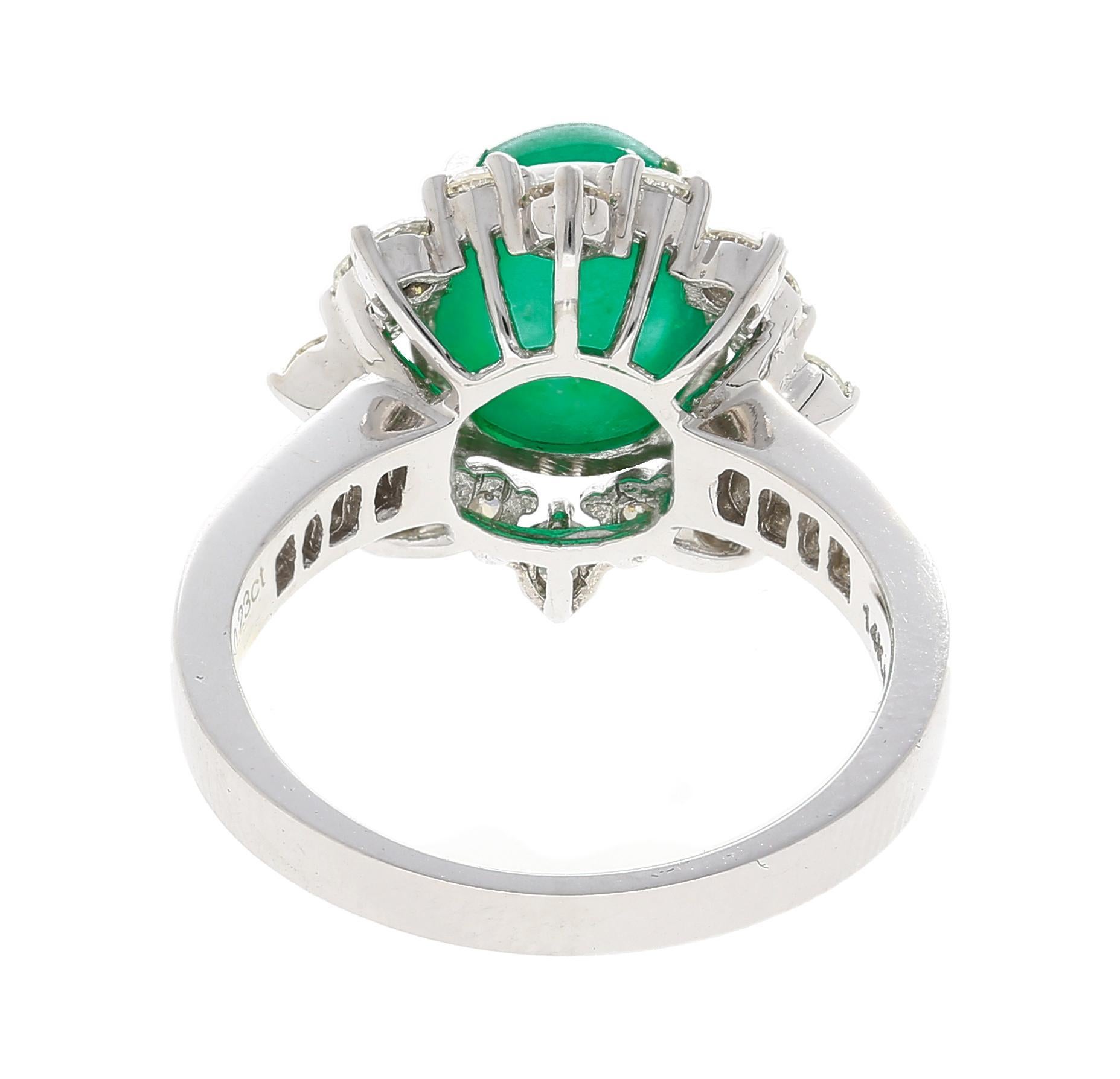 Vintage 3.32 Carat Cabochon Emerald and Diamond Halo Ring in 14K White Gold For Sale 1