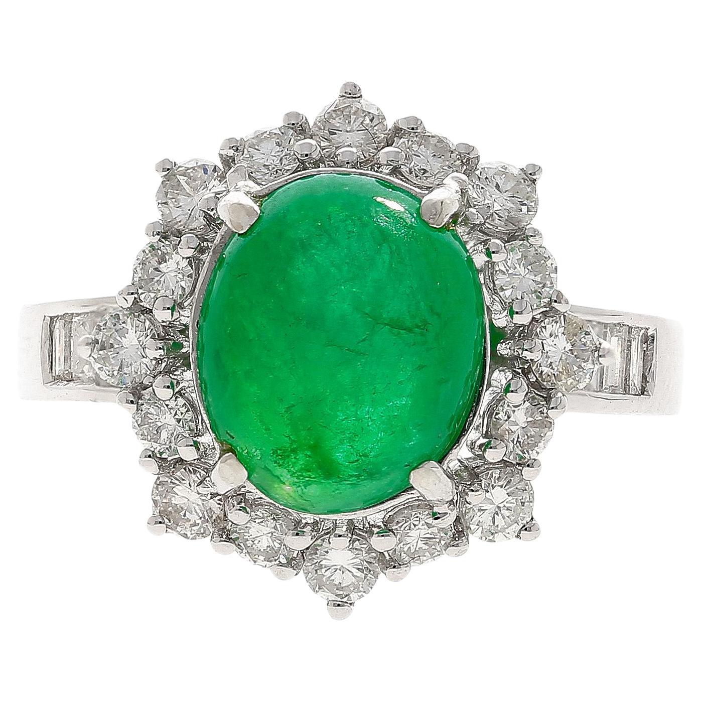 Vintage 3.32 Carat Cabochon Emerald and Diamond Halo Ring in 14K White Gold For Sale