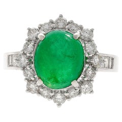 Vintage 3.32 Carat Cabochon Emerald and Diamond Halo Ring in 14K White Gold