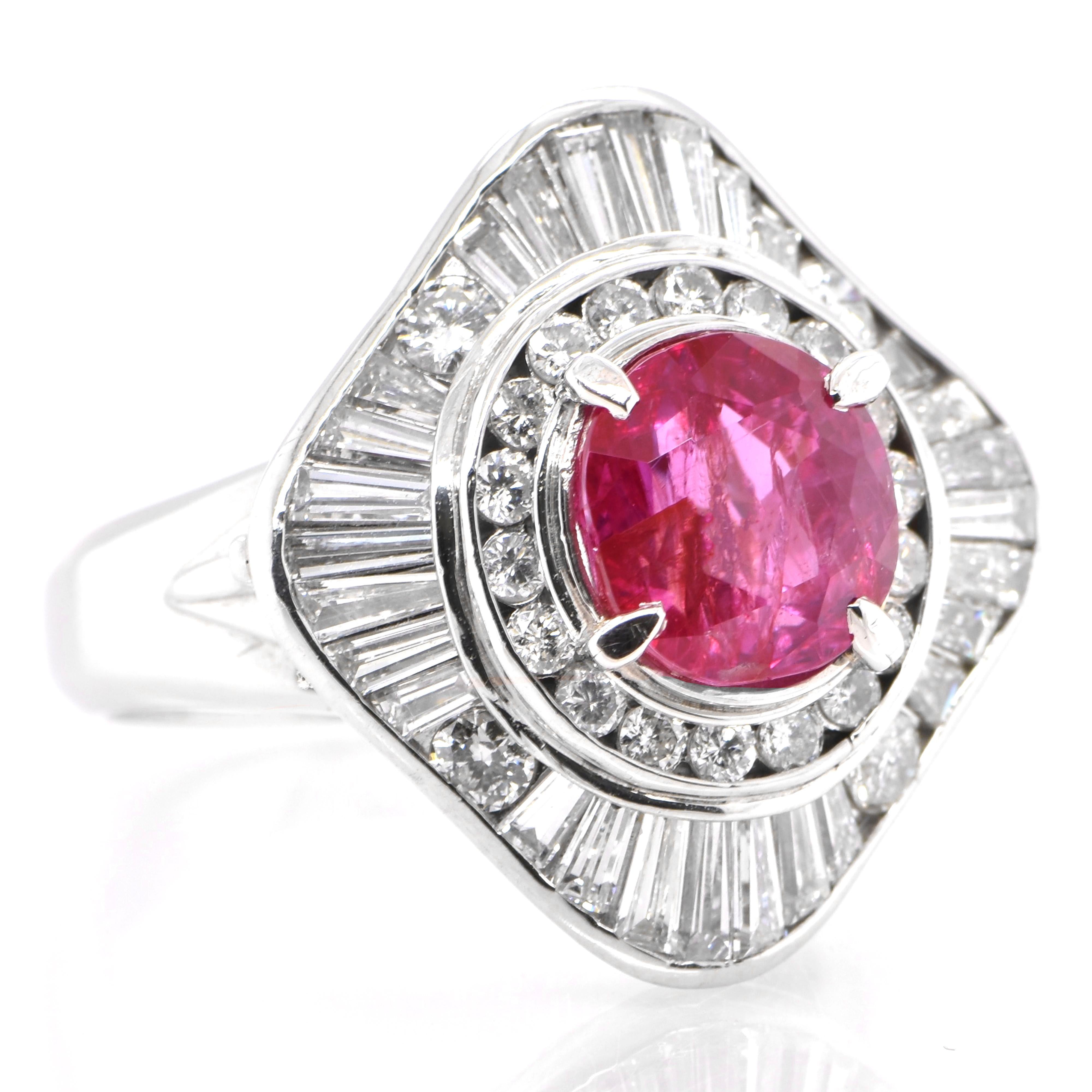 A beautiful ring set in Platinum featuring 3.32 Carats Natural Untreated (No Heat) Ruby and 1.71 Carat Diamonds. Rubies are referred to as 