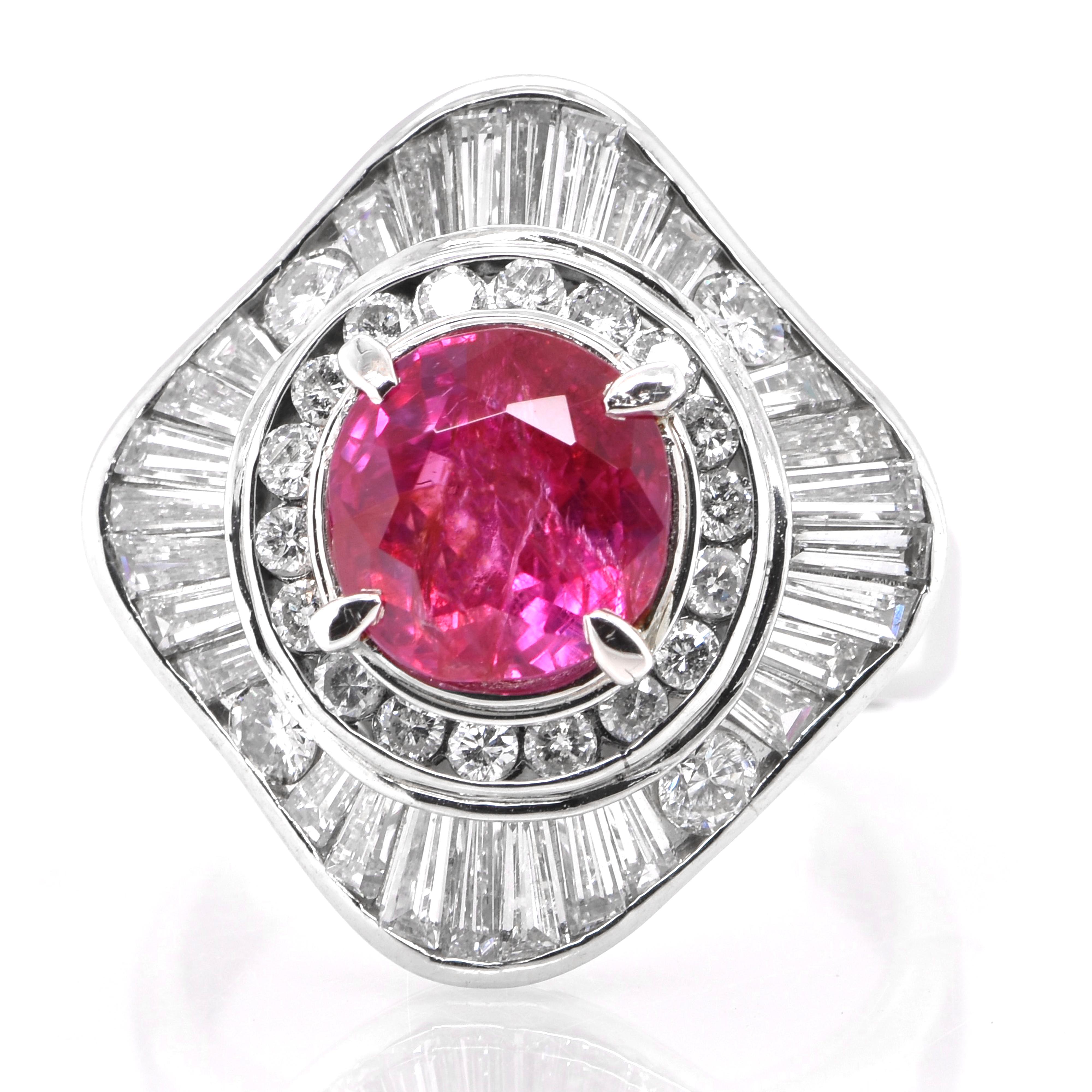Modern Vintage 3.32 Carat Natural Ruby and Diamond Ring Set in Platinum For Sale