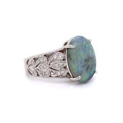 Vintage 3.32 Carat Oval Dark Gray Opal and Diamond Platinum Ring