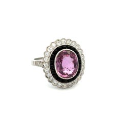 Vintage 3.36 Carat Pink Sapphire Diamond Onyx Platinum Ring Estate Fine Jewelry