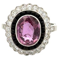 Vintage 3.36 Carat Pink Sapphire Diamond Onyx Platinum Ring Estate Fine Jewelry