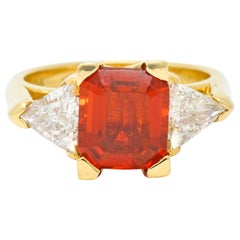 Vintage 3.40 Carat Mexican Fire Opal Diamond 18 Karat Gold Three-Stone Ring