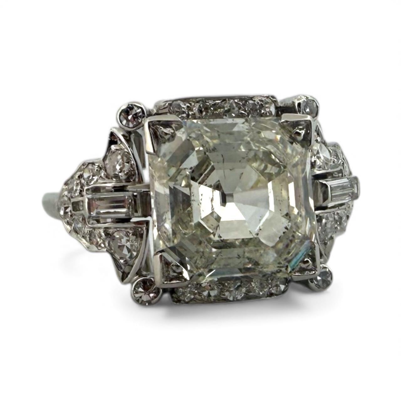 Women's Vintage 3.43 Carat Asscher Cut Platinum Engagement Ring GIA For Sale