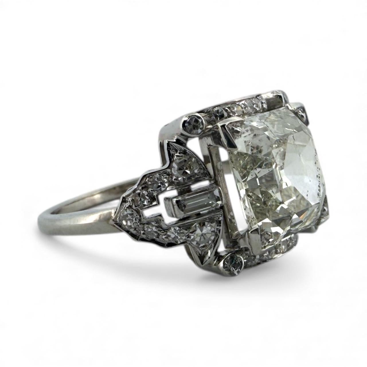 Vintage 3.43 Carat Asscher Cut Platinum Engagement Ring GIA For Sale 2