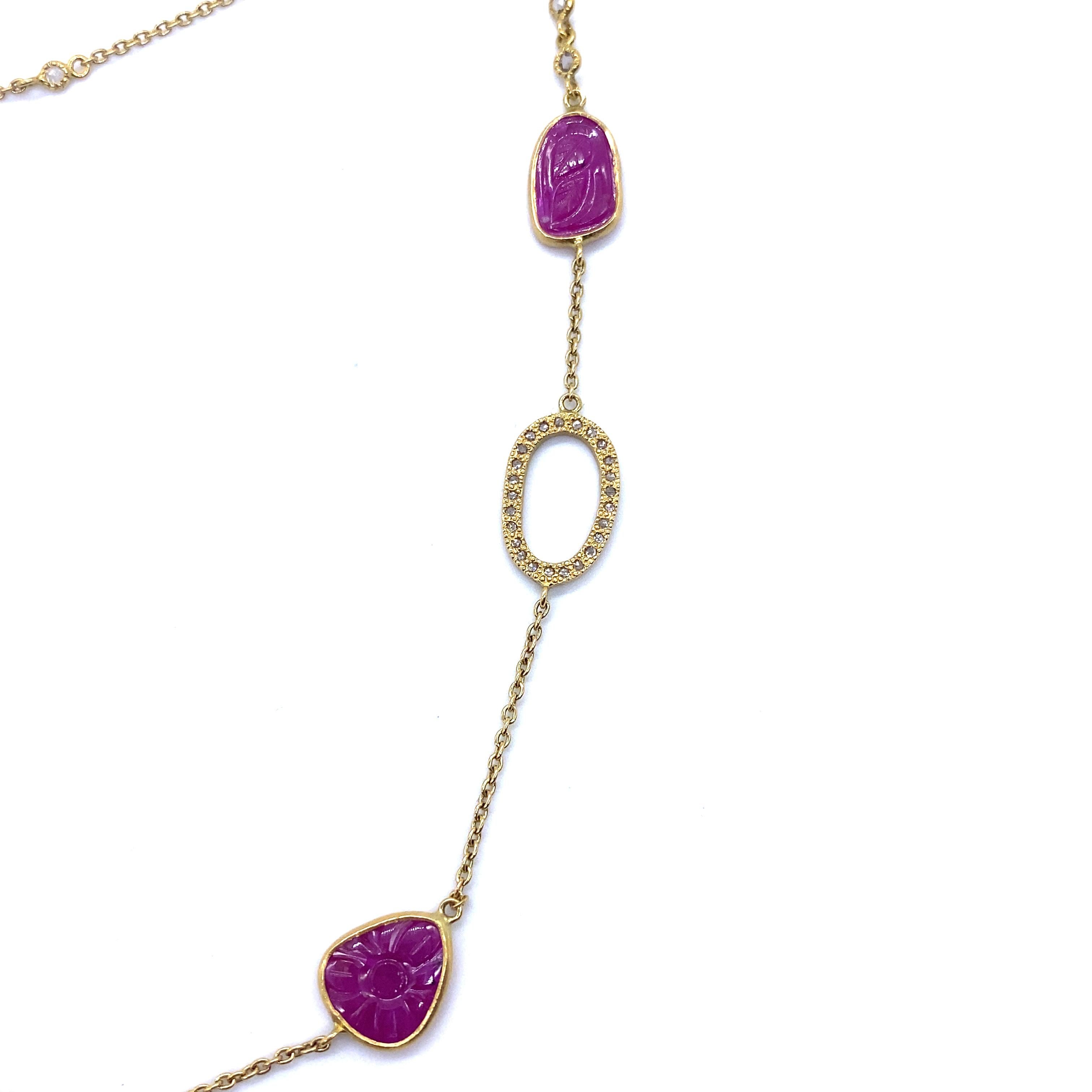 Vintage Affinity Necklace Set in 20 Karat Yellow Gold with 34.30 Carat Carved Ruby and 1.26 Carat Rose-Cut Diamonds. This One-Of-A-Kind Necklace Features Carved Rubies and Rose-Cut Diamonds Set With A Yellow Gold Chain.