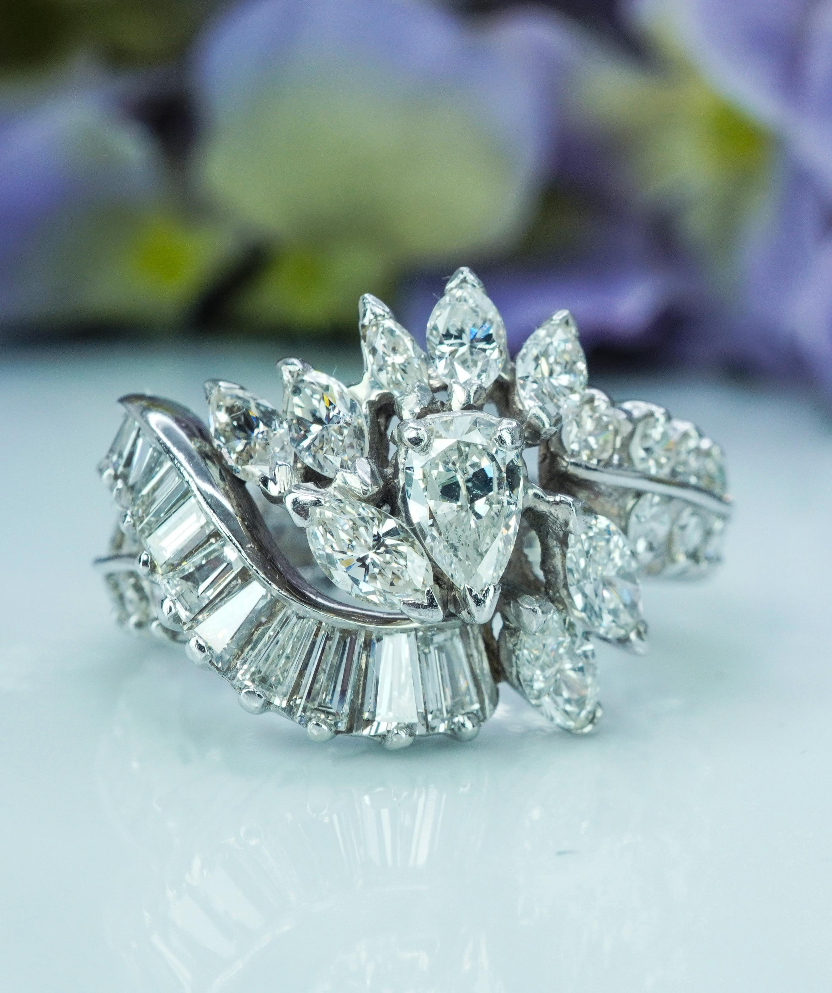 Vintage 3.45ct Pear Marquise Round Diamond Platinum Ring Heavy Estate Midcentury (Retro) im Angebot