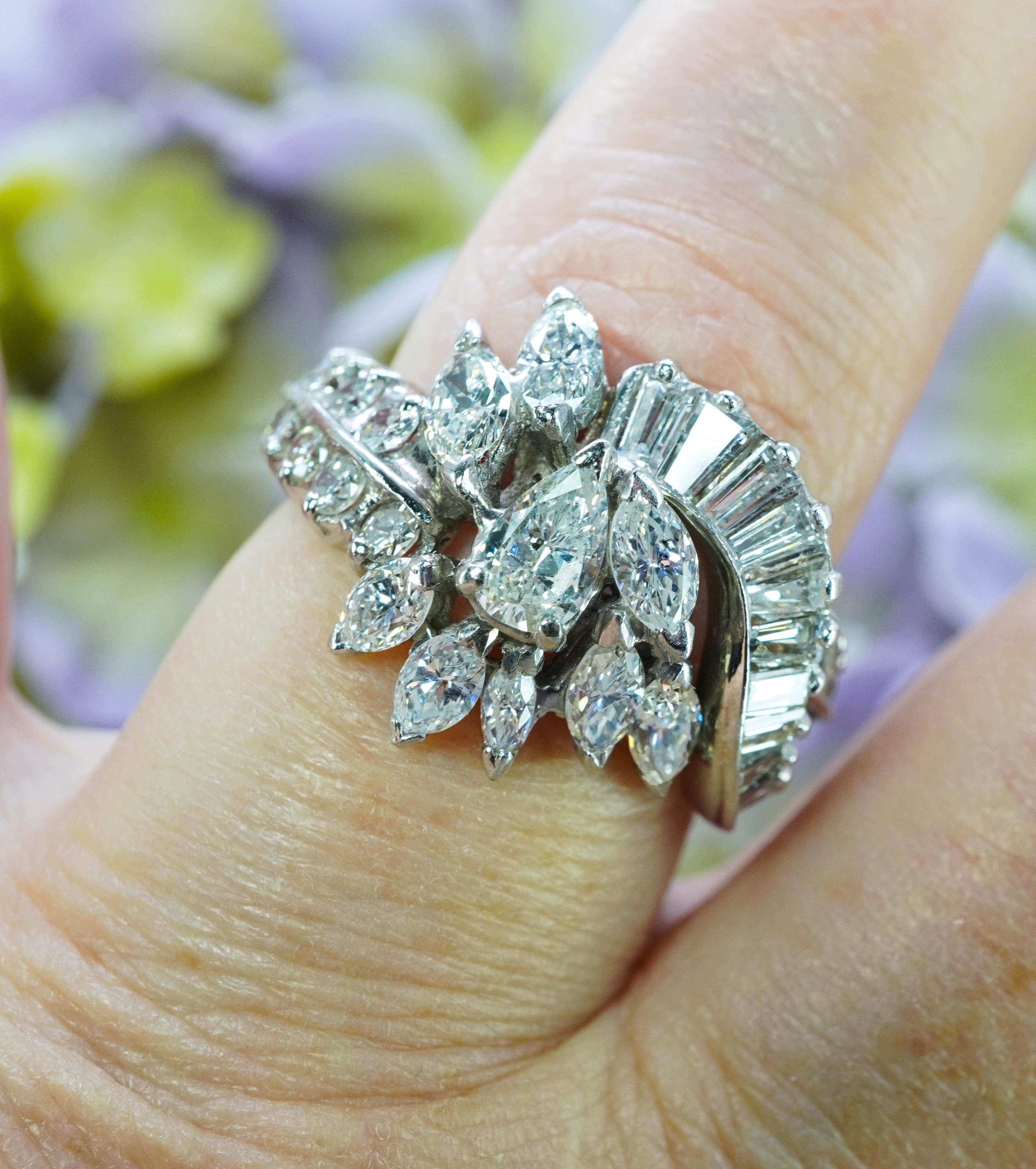 Vintage 3.45ct Pear Marquise Round Diamond Platinum Ring Heavy Estate Midcentury im Zustand „Gut“ im Angebot in Brambleton, US