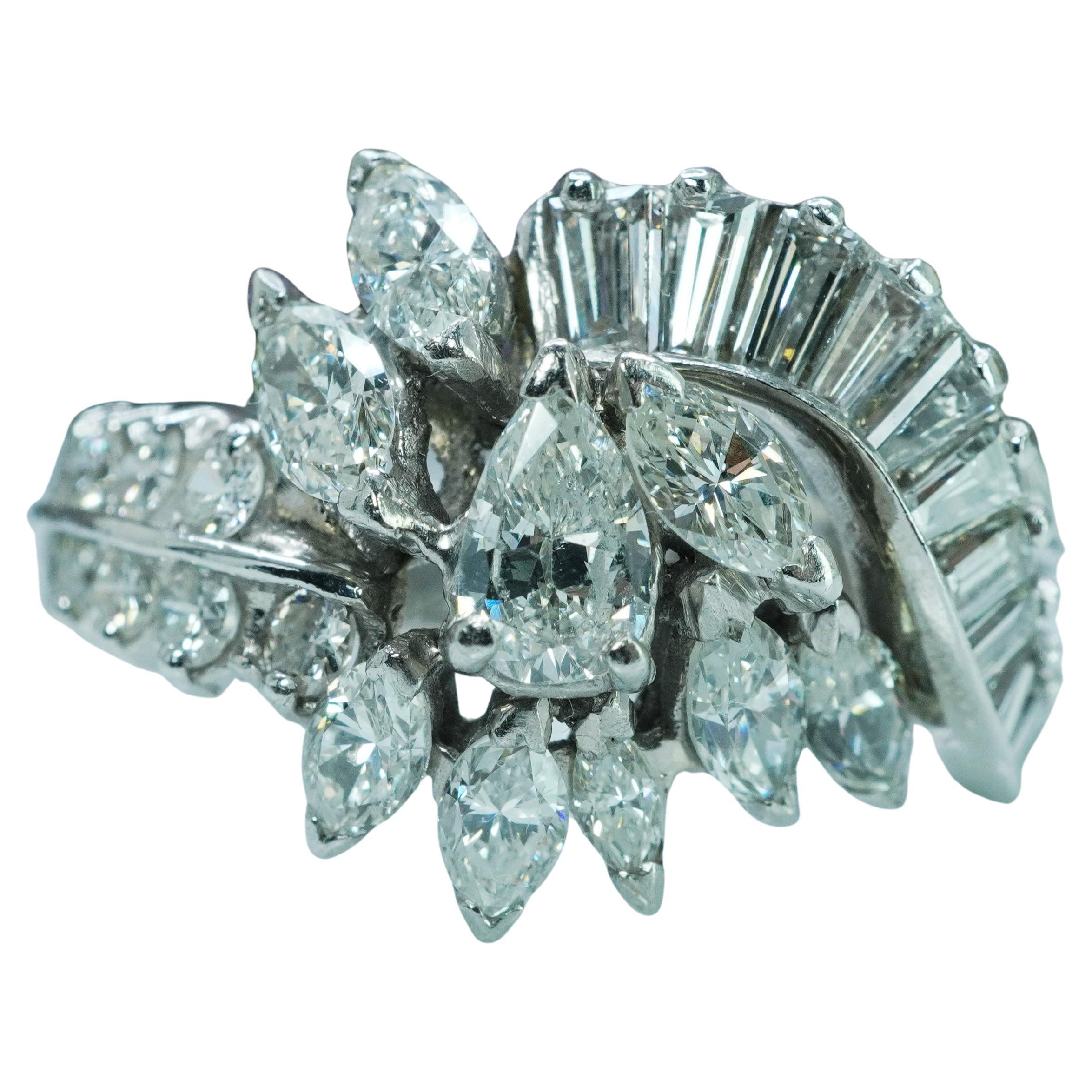 Vintage 3.45ct Pear Marquise Round Diamond Platinum Ring Heavy Estate Midcentury im Angebot