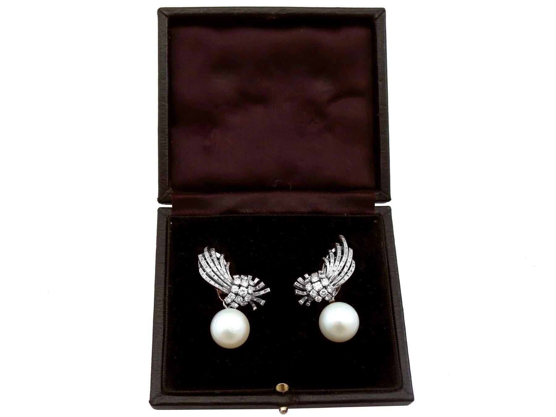 Vintage 3.46Ct Diamond and Cultured Pearl Platinum Earrings, Circa 1950 For Sale 1