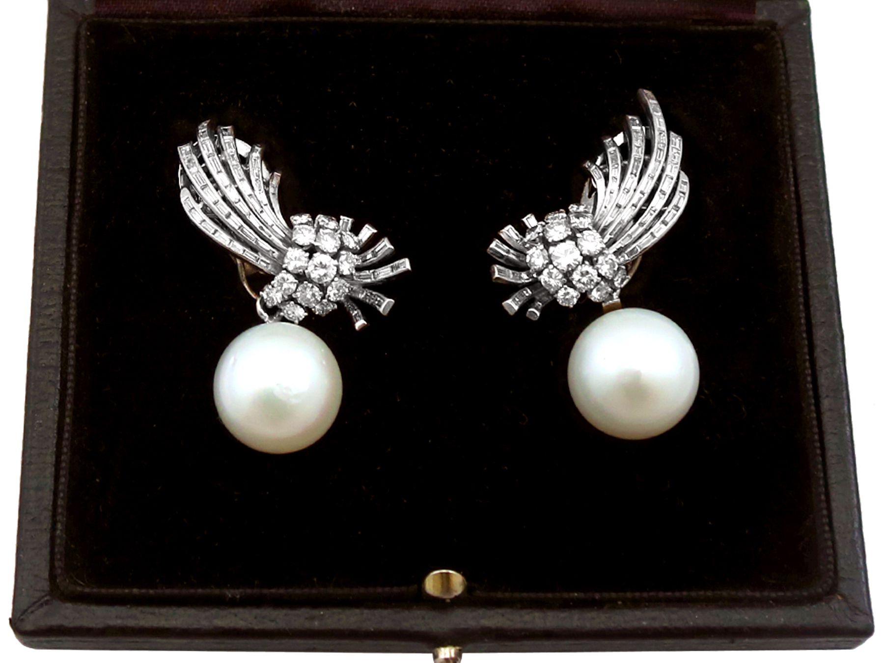 Vintage 3.46Ct Diamond and Cultured Pearl Platinum Earrings, Circa 1950 For Sale 2