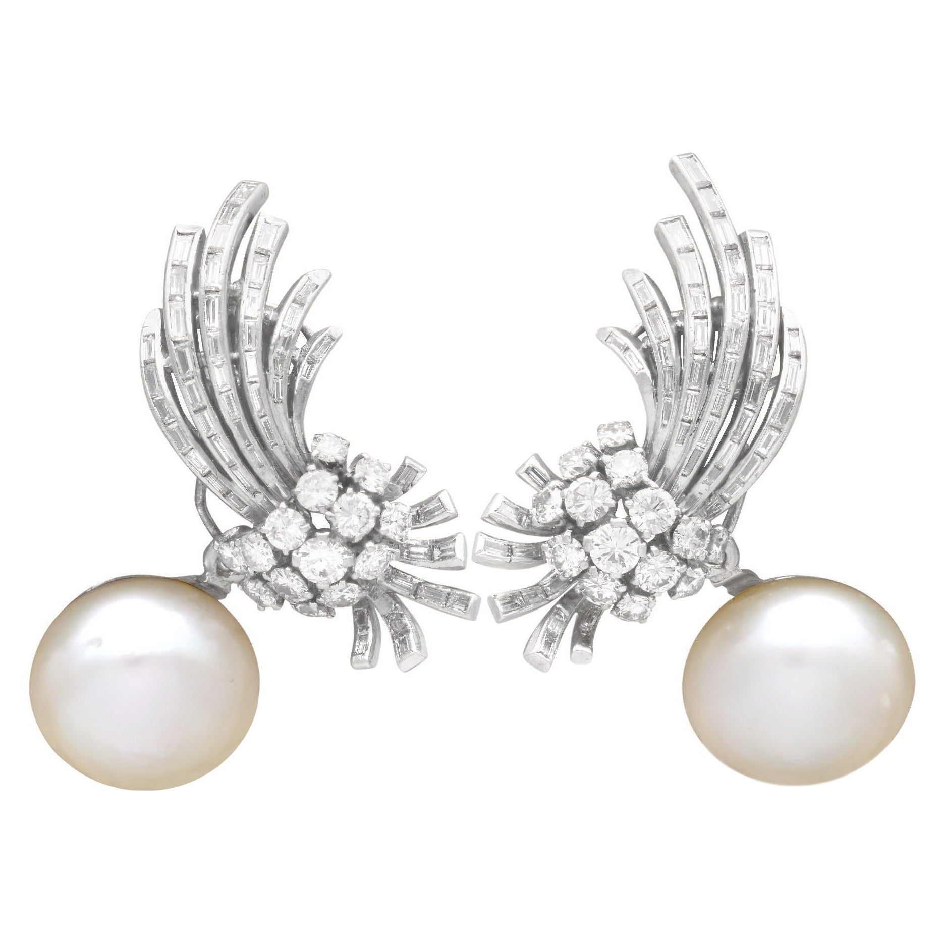 Vintage 3.46Ct Diamond and Cultured Pearl Platinum Earrings, Circa 1950