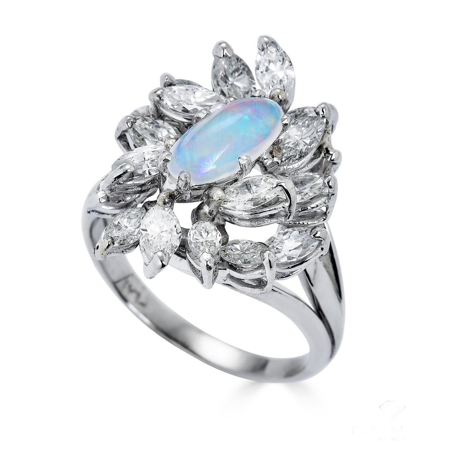 Vintage 3.47 Carat Australian Opal Diamond Cluster Cocktail Ballerina Plat Ring 2