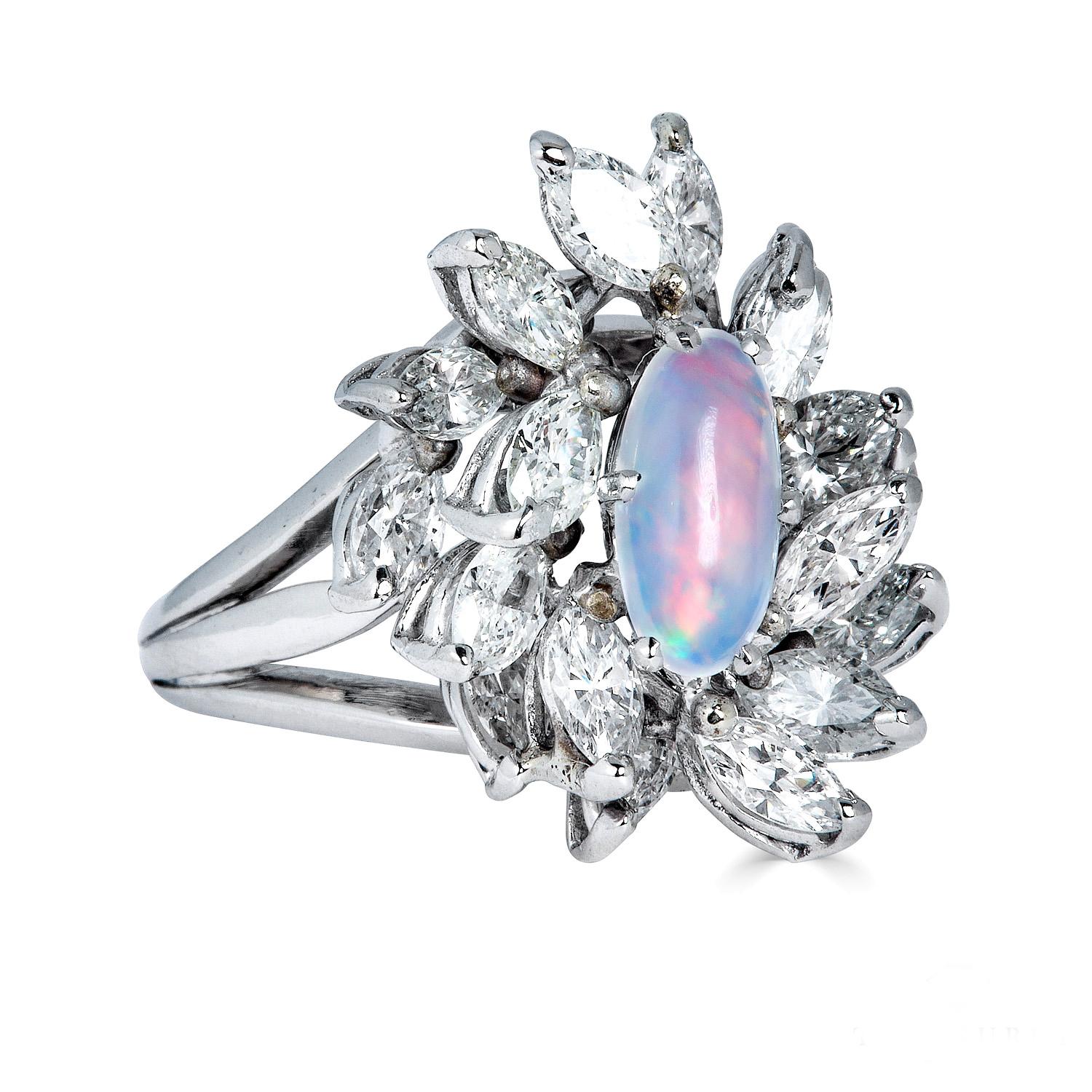 Vintage 3.47 Carat Australian Opal Diamond Cluster Cocktail Ballerina Plat Ring 1