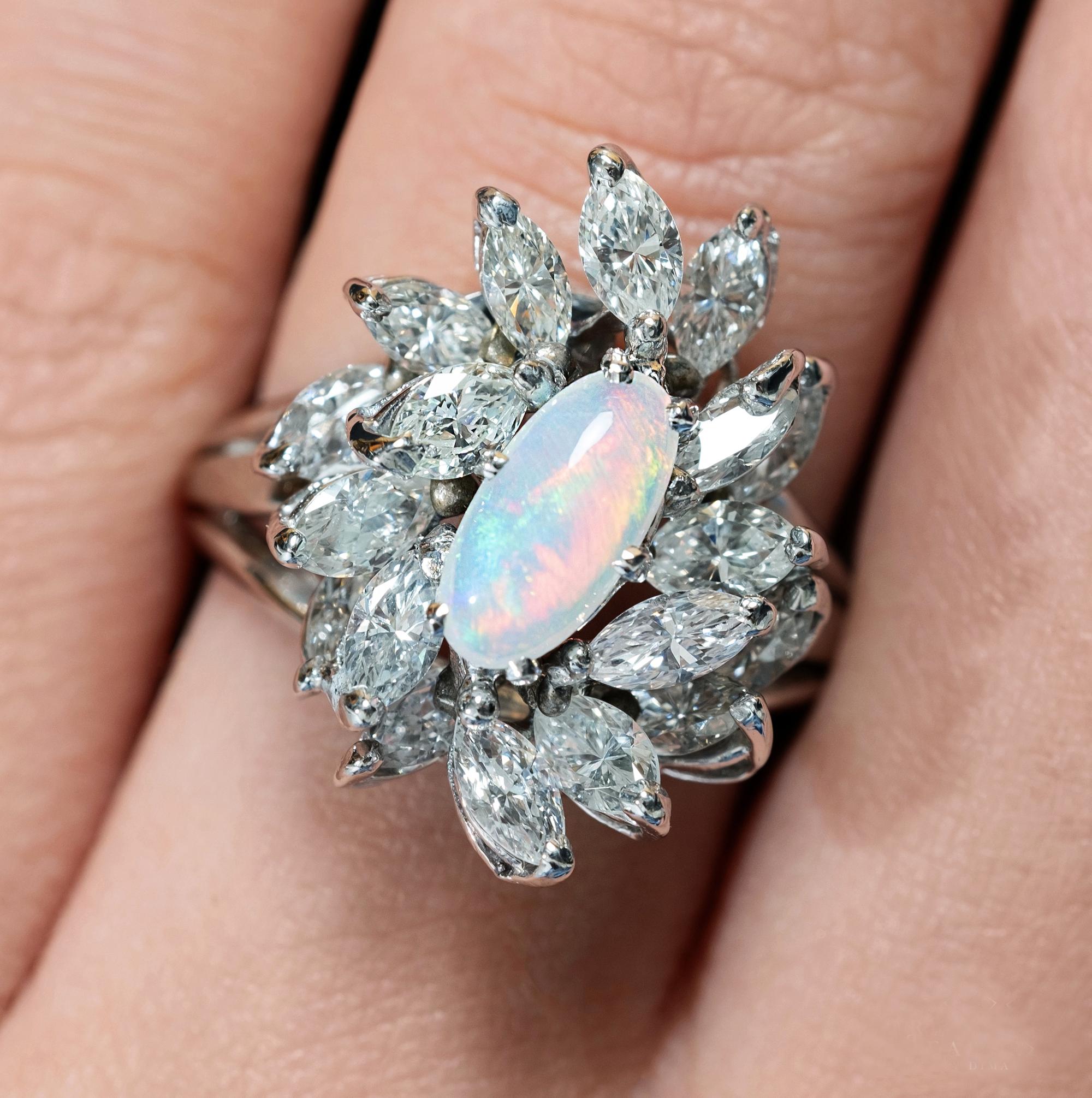 Vintage 3.47 Carat Australian Opal Diamond Cluster Cocktail Ballerina Plat Ring 3
