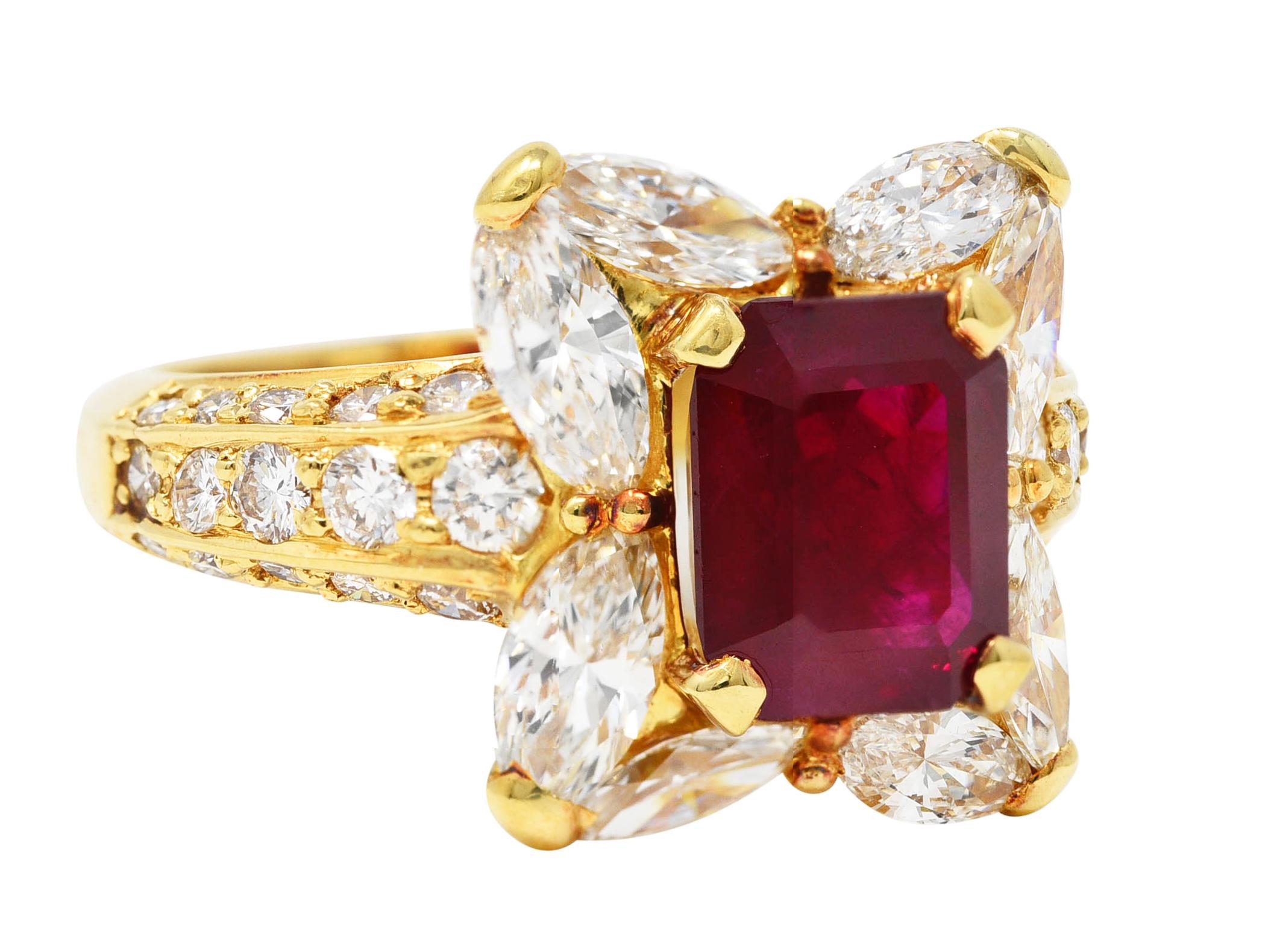 Contemporary Vintage 3.49 Carats Emerald Cut Ruby Diamond 18 Karat Yellow Gold Cluster Ring For Sale