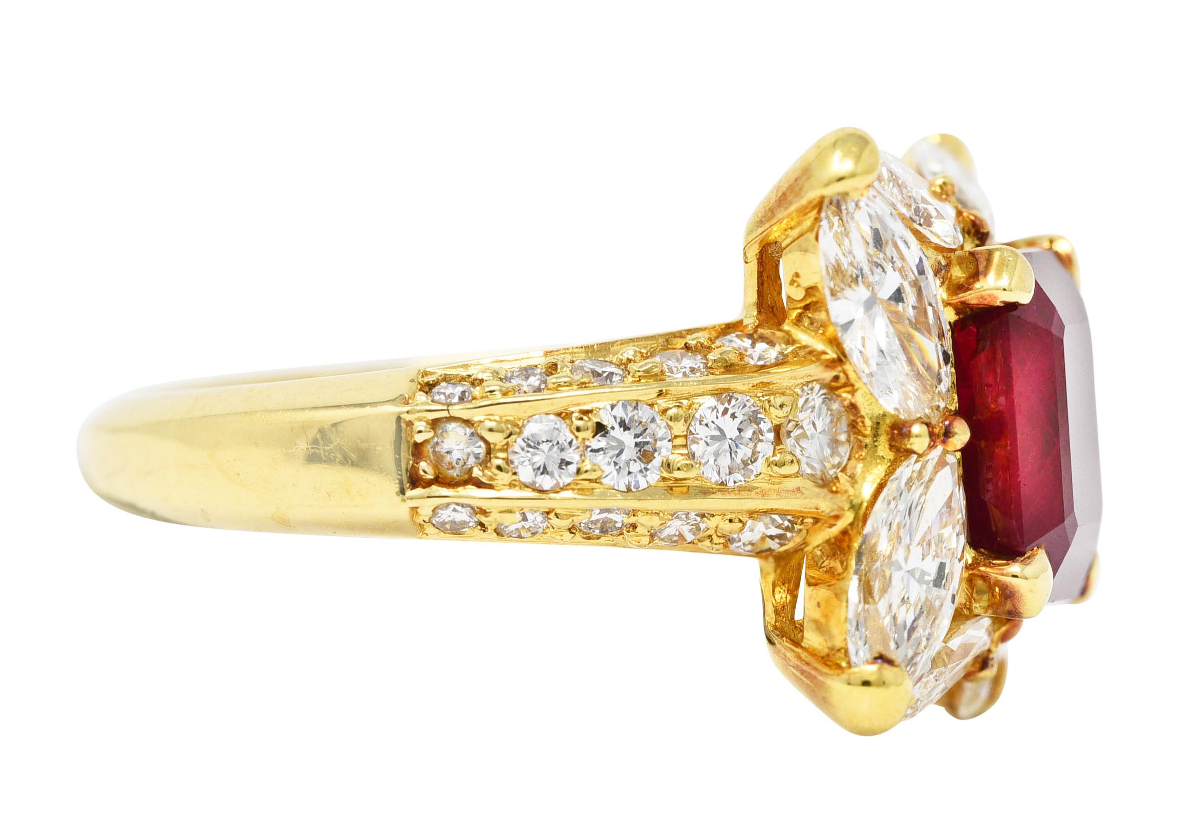 Vintage 3.49 Carats Emerald Cut Ruby Diamond 18 Karat Yellow Gold Cluster Ring In Excellent Condition For Sale In Philadelphia, PA