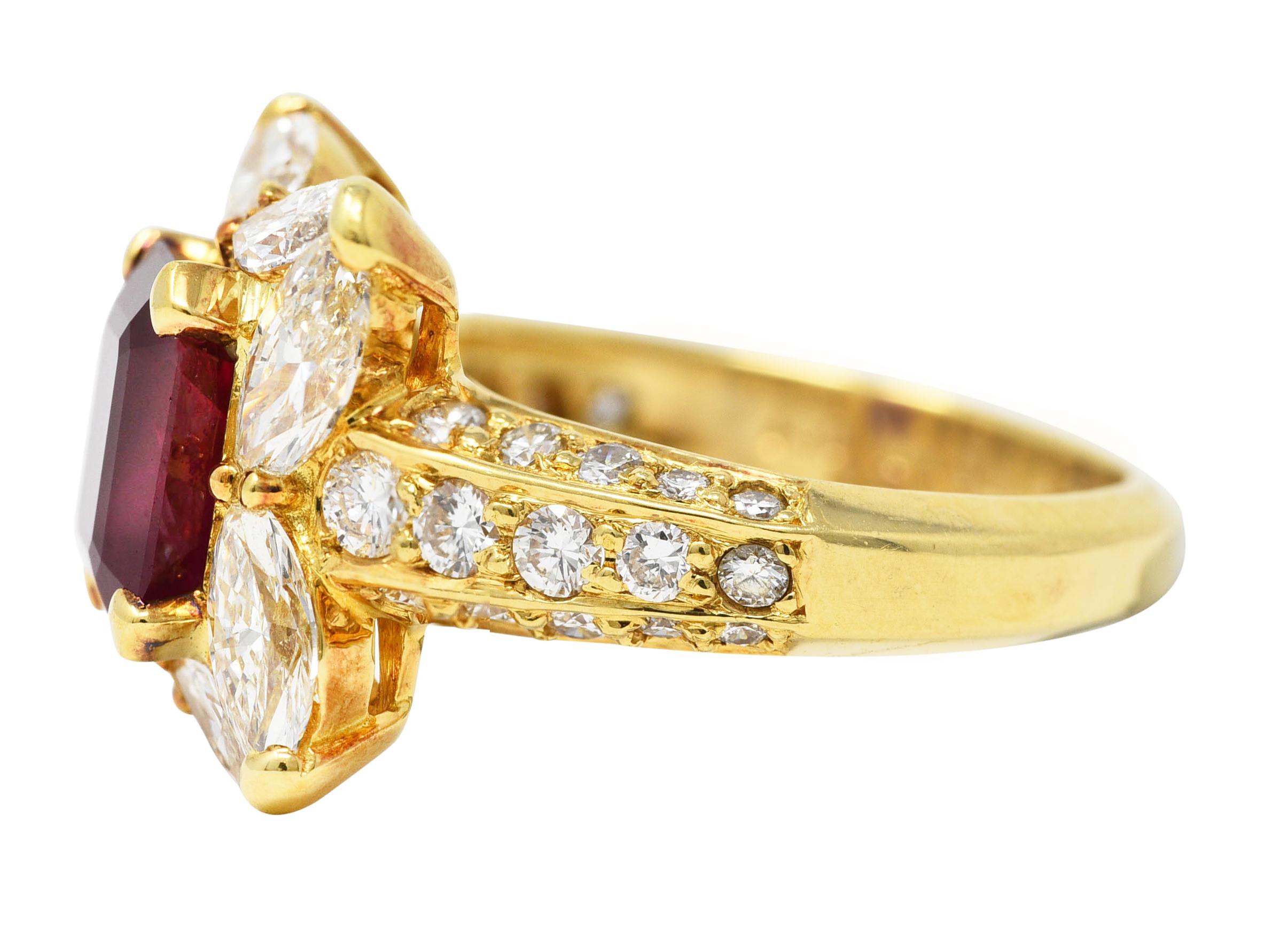 Vintage 3.49 Carats Emerald Cut Ruby Diamond 18 Karat Yellow Gold Cluster Ring For Sale 1
