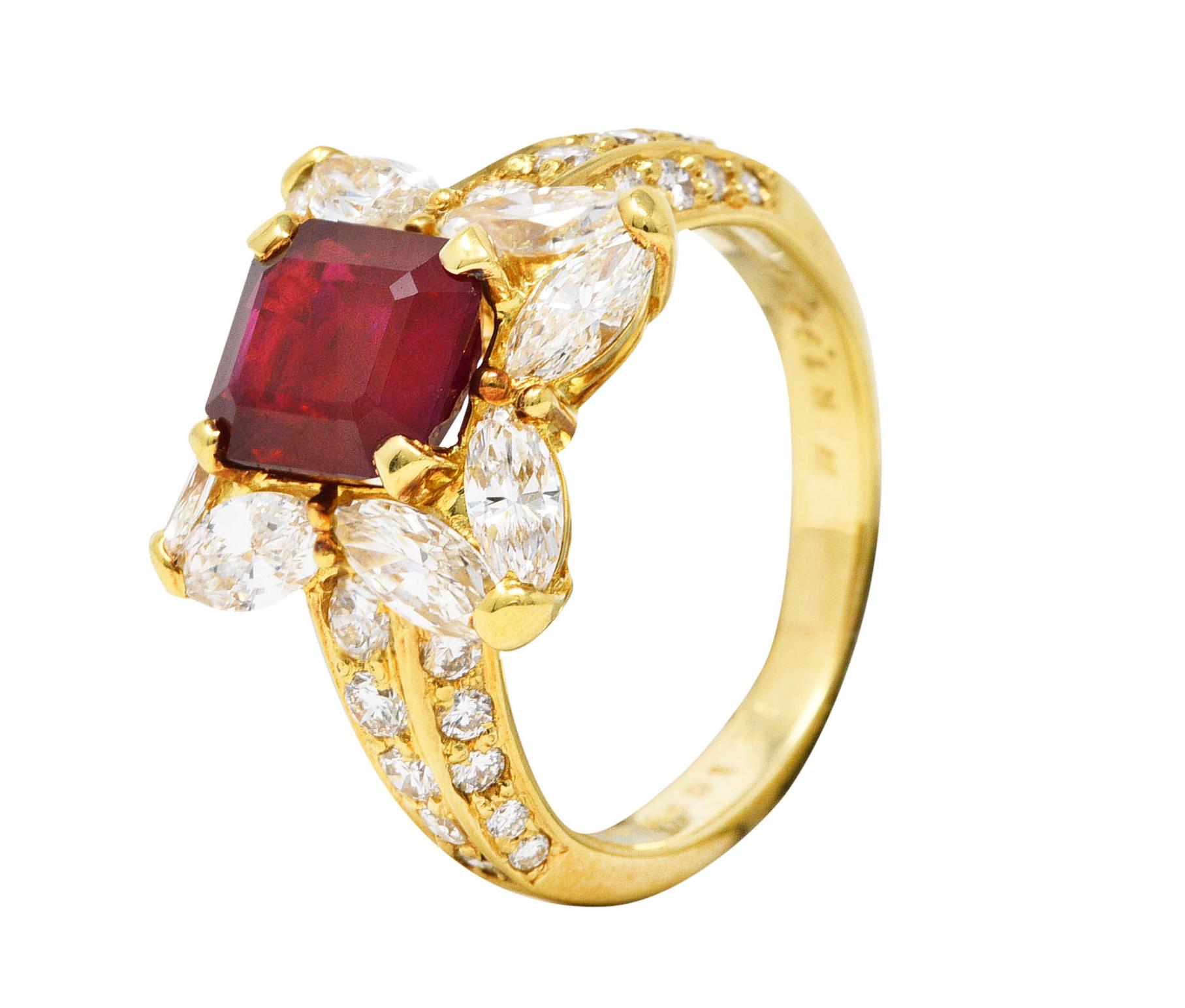 Vintage 3.49 Carats Emerald Cut Ruby Diamond 18 Karat Yellow Gold Cluster Ring For Sale 4