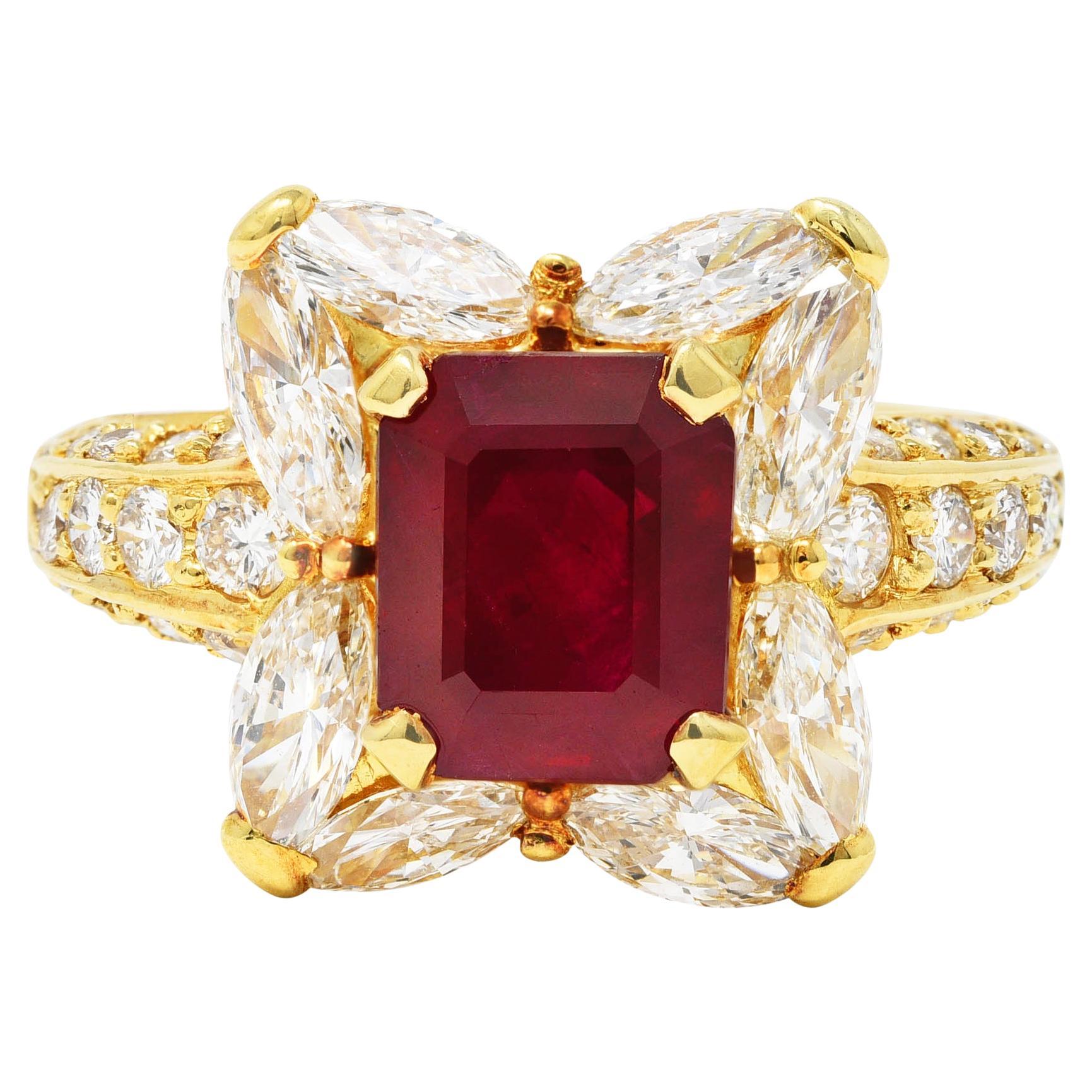 Vintage 3.49 Carats Emerald Cut Ruby Diamond 18 Karat Yellow Gold Cluster Ring For Sale