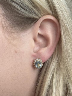 Orecchini a cerchio vintage con acquamarina e diamanti da 3,5 carati in oro giallo 18 carati