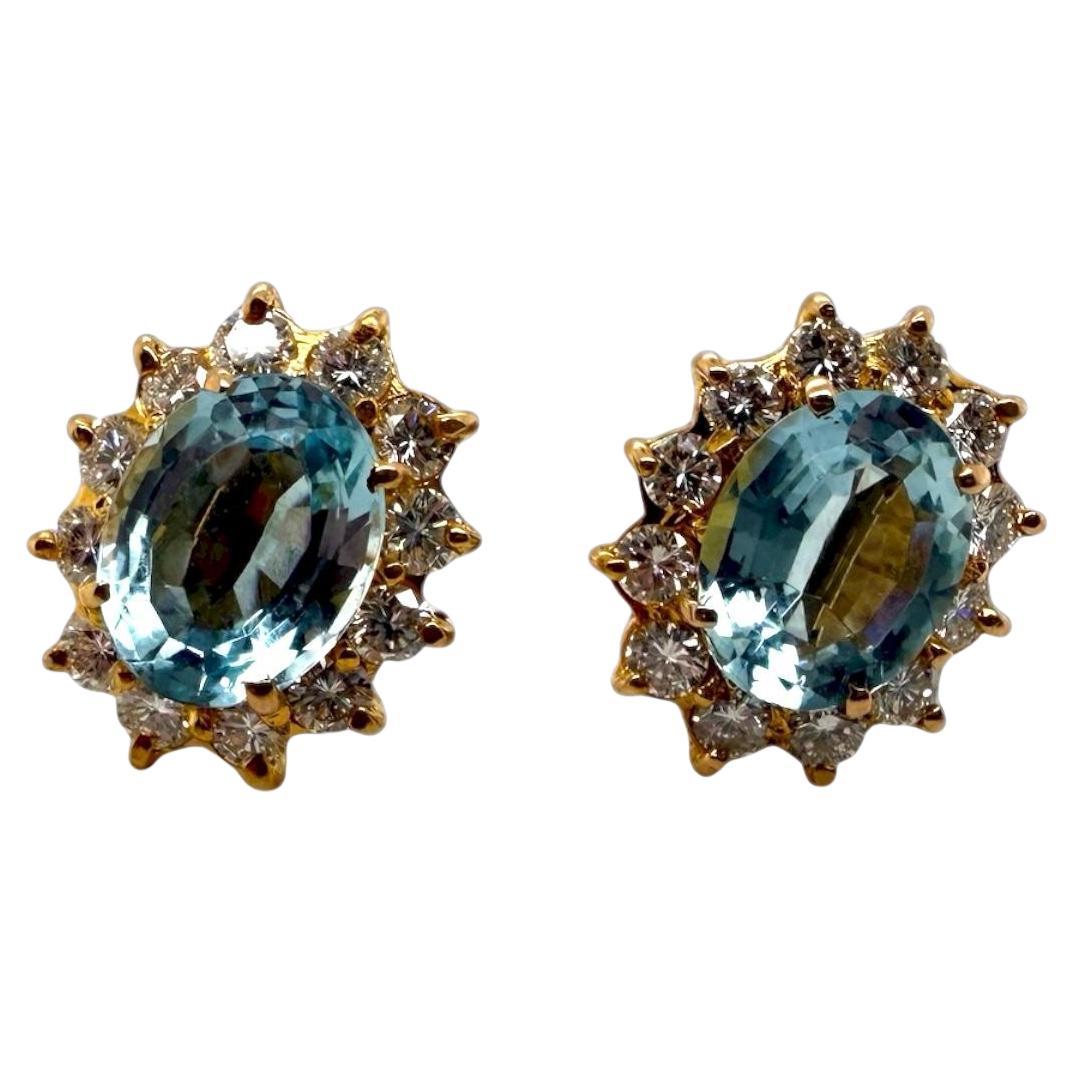 Vintage 3.5 Carat Aquamarine
Diamond Halo Earrings 18K Yellow Gold