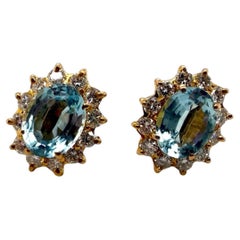 Vintage 3.5 Carat Aquamarine 
Diamond Halo Earrings 18K Yellow Gold