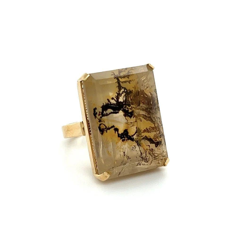 Vintage 35 Karat Moosachat Solitär Gold Ring. Exquisiter 35 Karat Moosachat Mid Century Modern Gold Solitär Ring. Fein detaillierter großer Moosachat-Solitärring im Vintage-Stil. In der Mitte ein sicher eingebetteter, handgefertigter 35 Karat