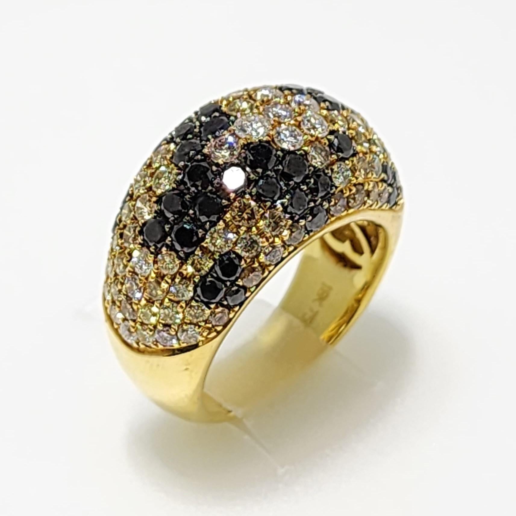 Contemporary Vintage 3.50 Carat Pave Color Diamond 9 Row Dome Ring in 18 Karat Yellow Gold