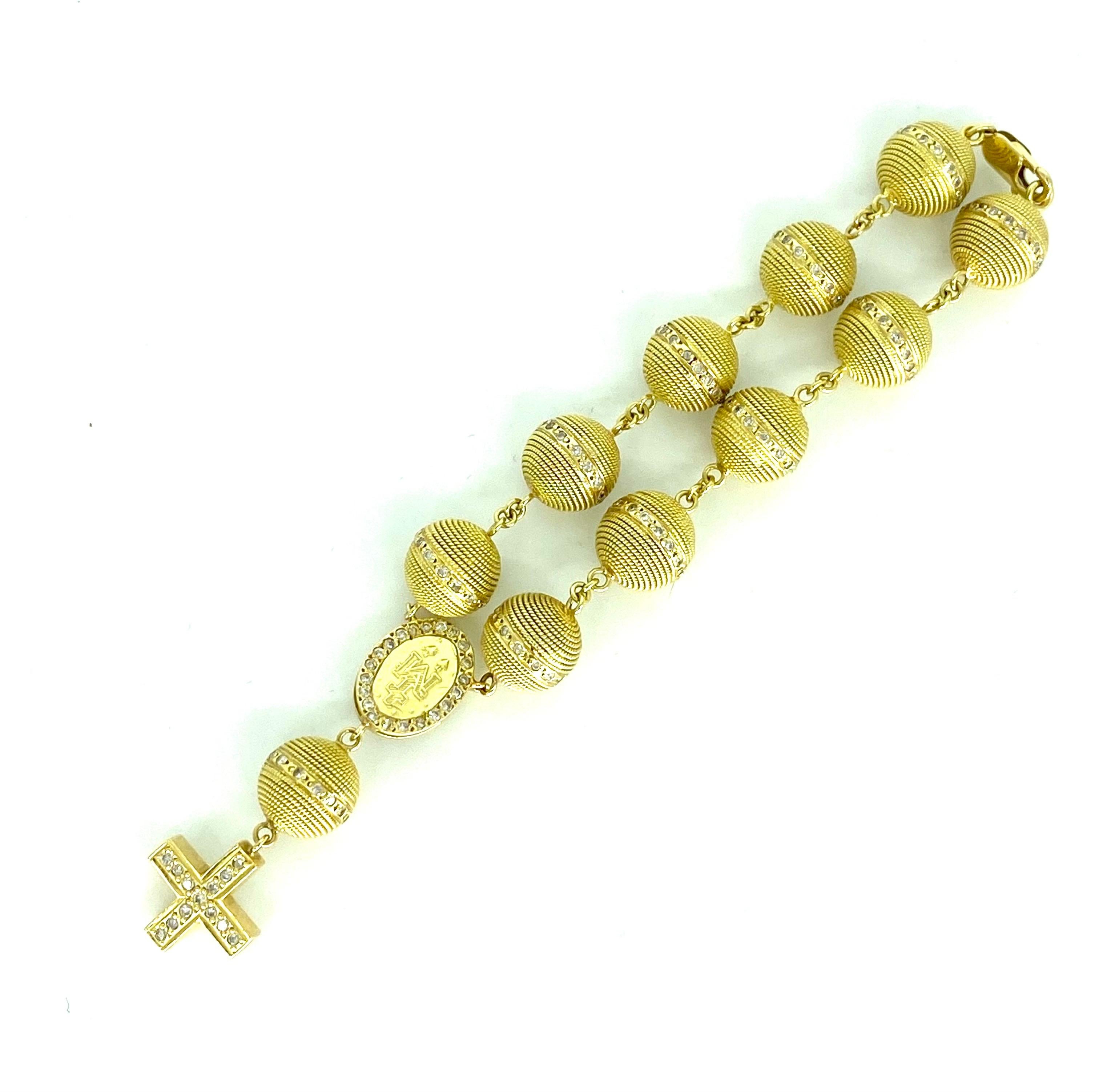 Women's or Men's Vintage Heavy 3.50 Carat Diamonds Sphere Rosary 18k Gold Cross Bracelet  For Sale