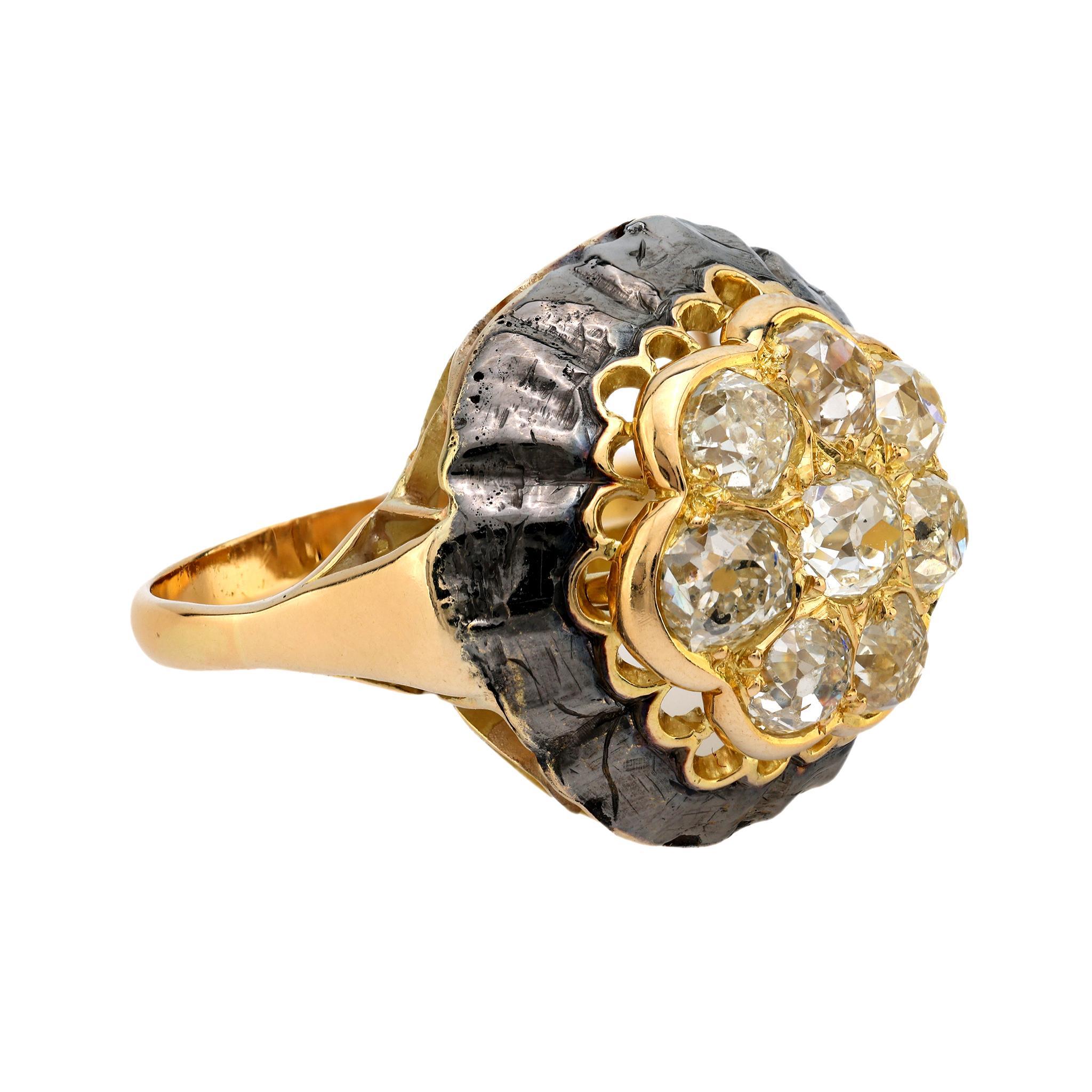 Modern Vintage 3.50 carat diamond 18k yellow gold and enamel dome ring