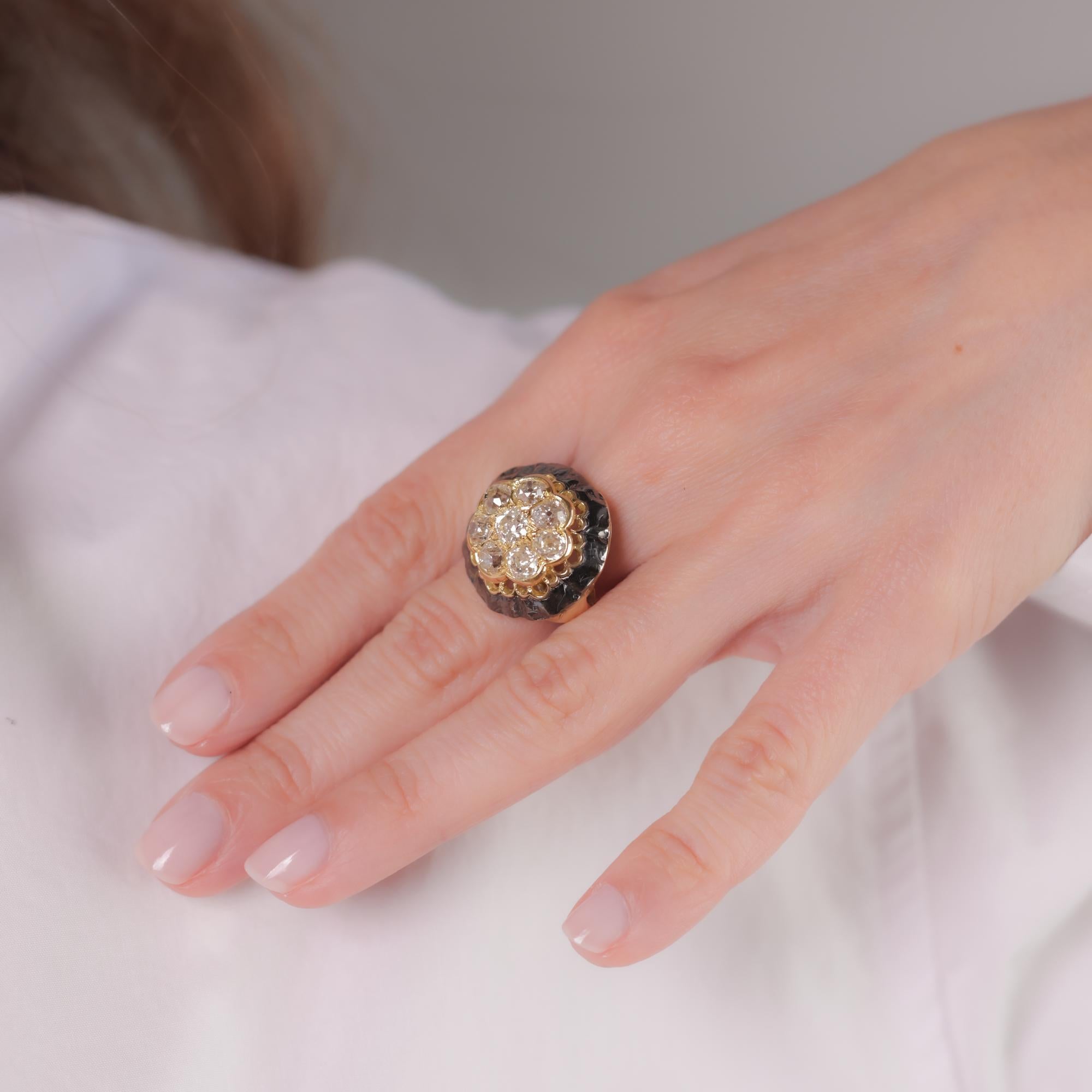 Old Mine Cut Vintage 3.50 carat diamond 18k yellow gold and enamel dome ring