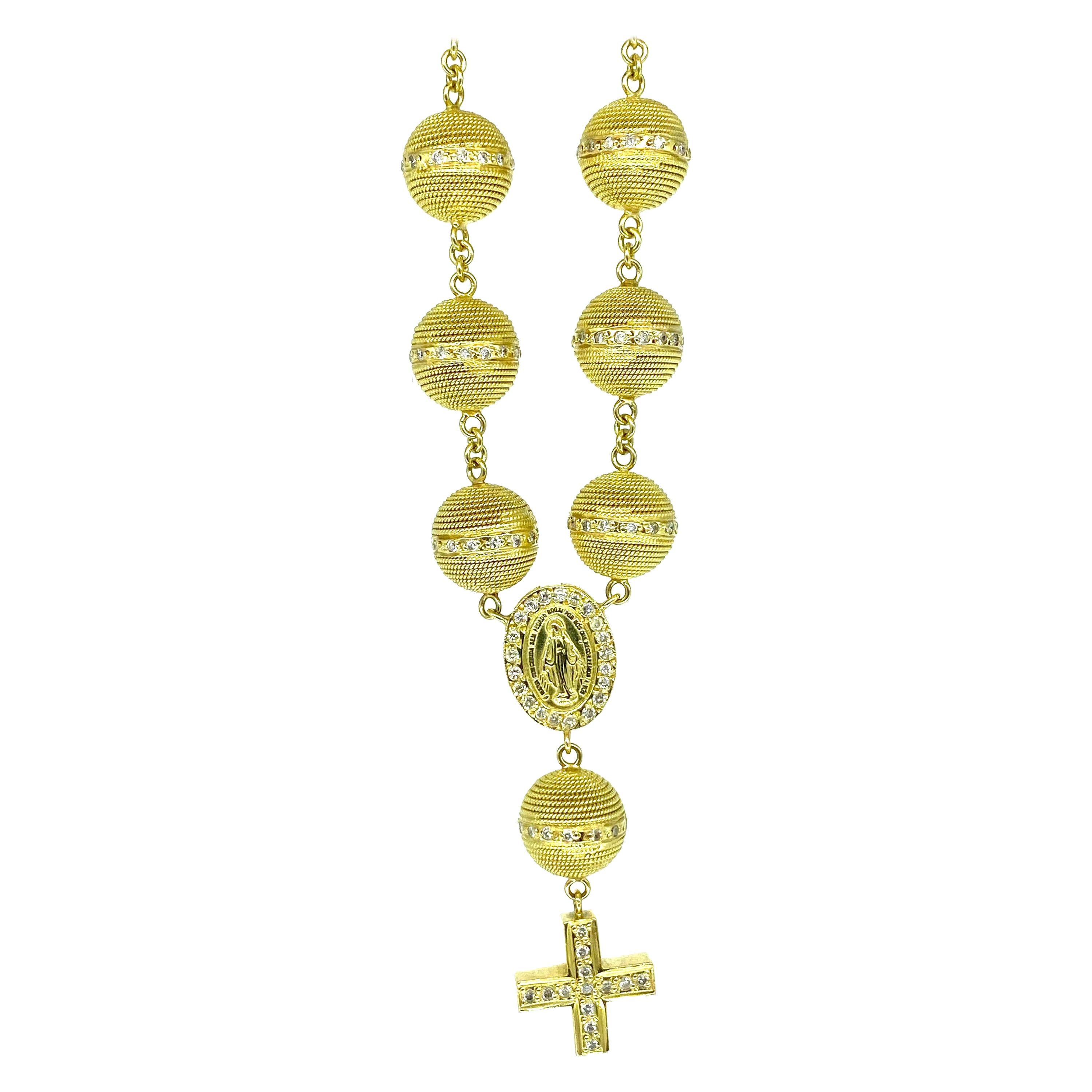 Vintage Heavy 3.50 Carat Diamonds Sphere Rosary 18k Gold Cross Bracelet  For Sale