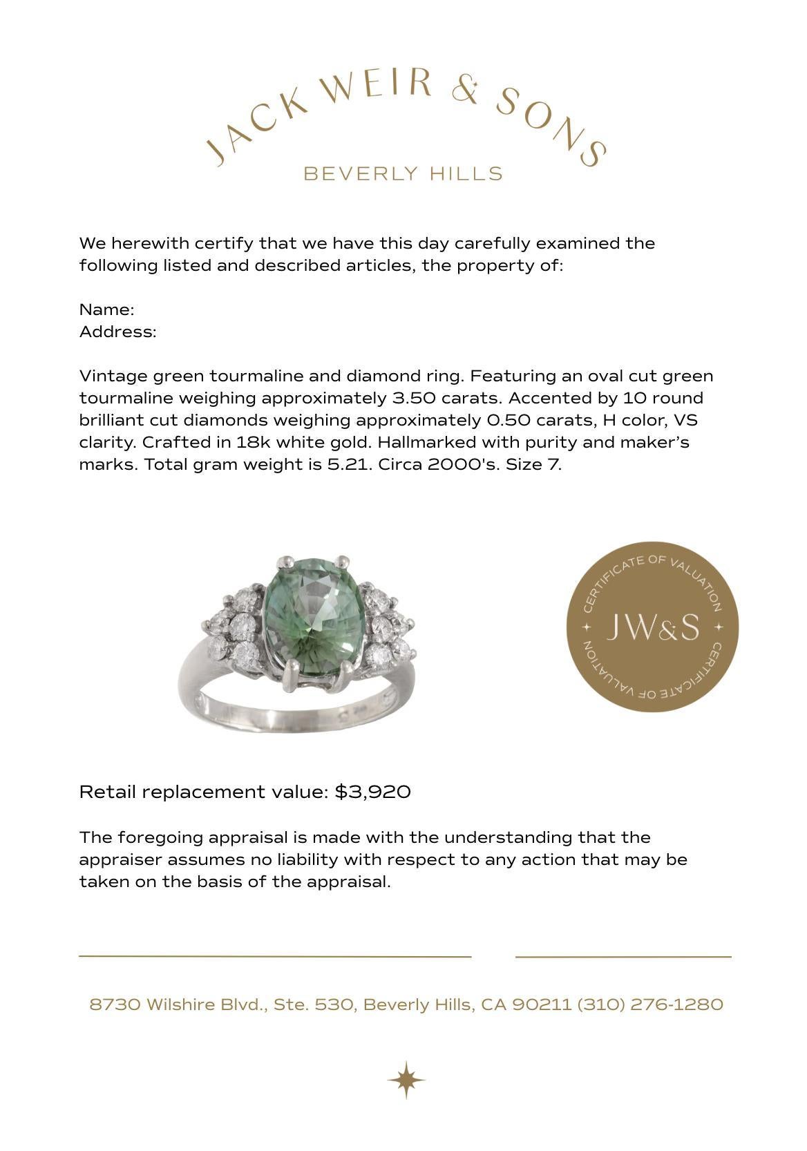 Women's Vintage 3.50 carat green tourmaline 18k white gold ring For Sale