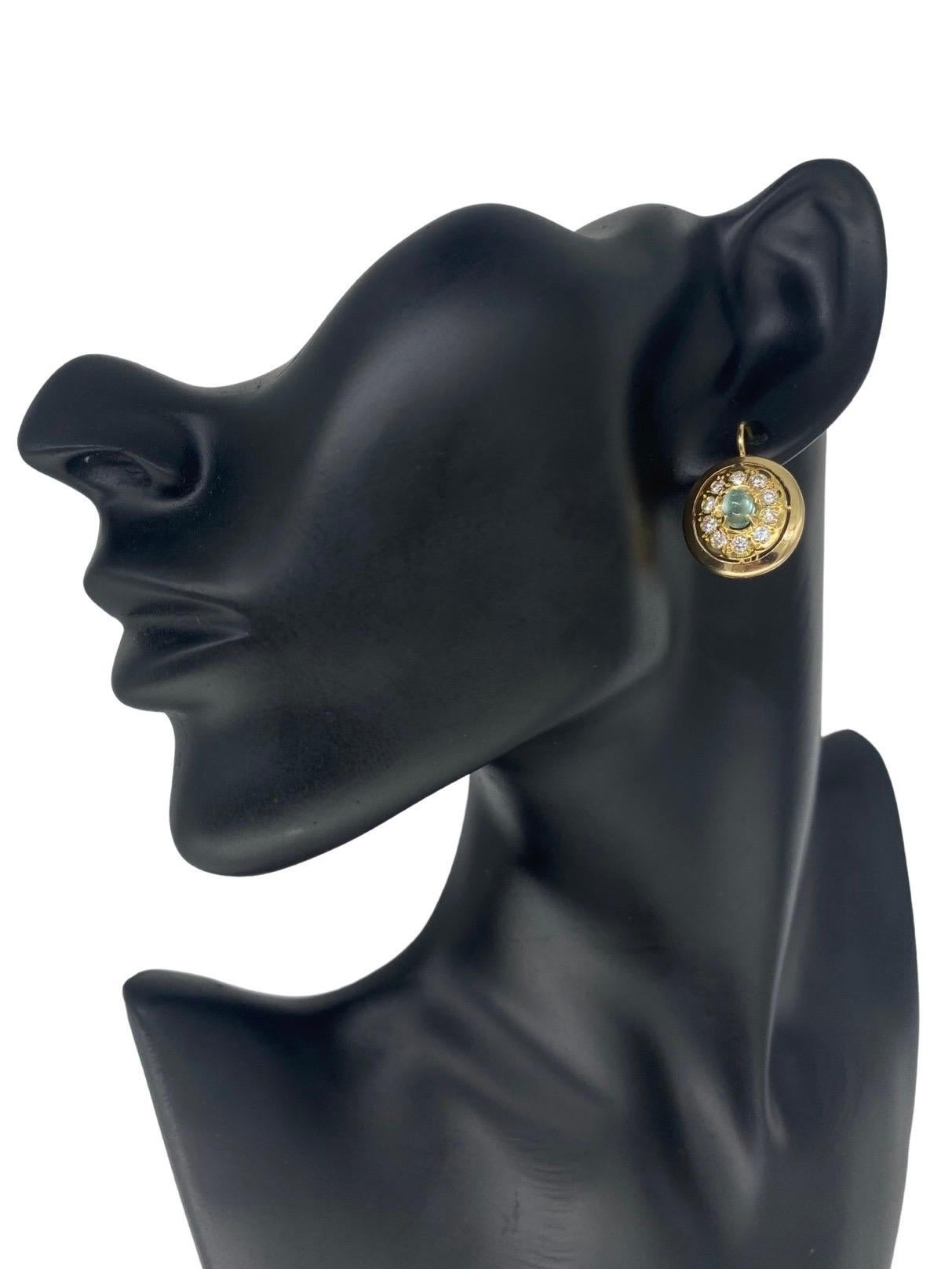 Vintage 3.50 Carat Mint Tourmaline and Diamonds Snake Eyes Oval Earrings 18k For Sale 4