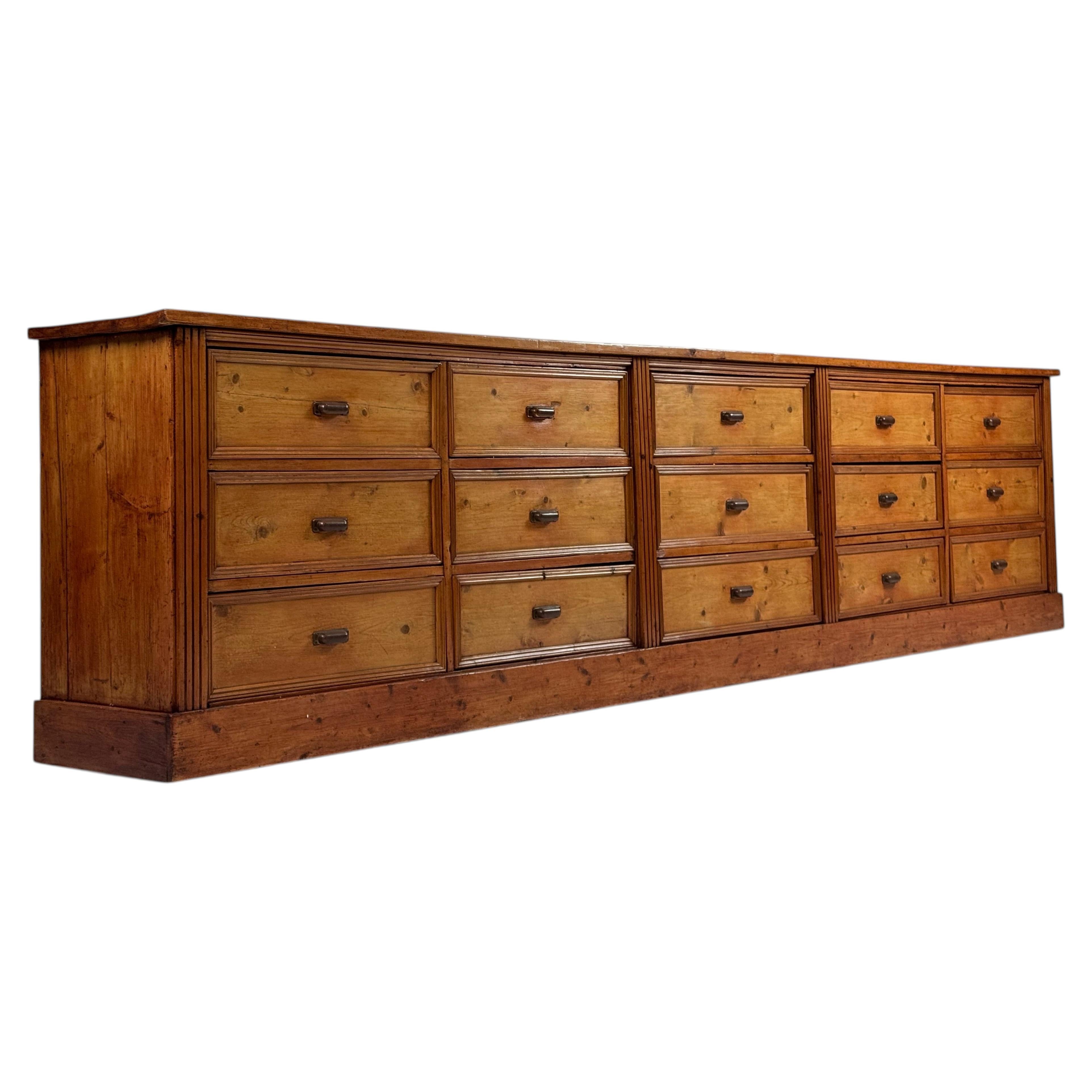 Vintage 350 cm pine chemist’s cabinet For Sale