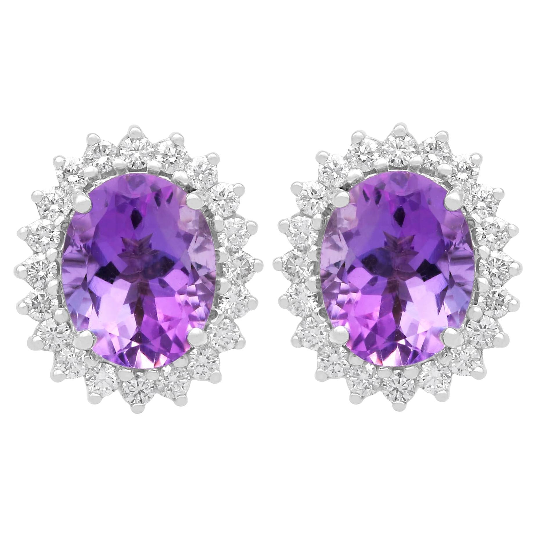 Vintage 3.50ct Amethyst and 0.80ct Diamond Cluster Earrings in 9ct White Gold For Sale