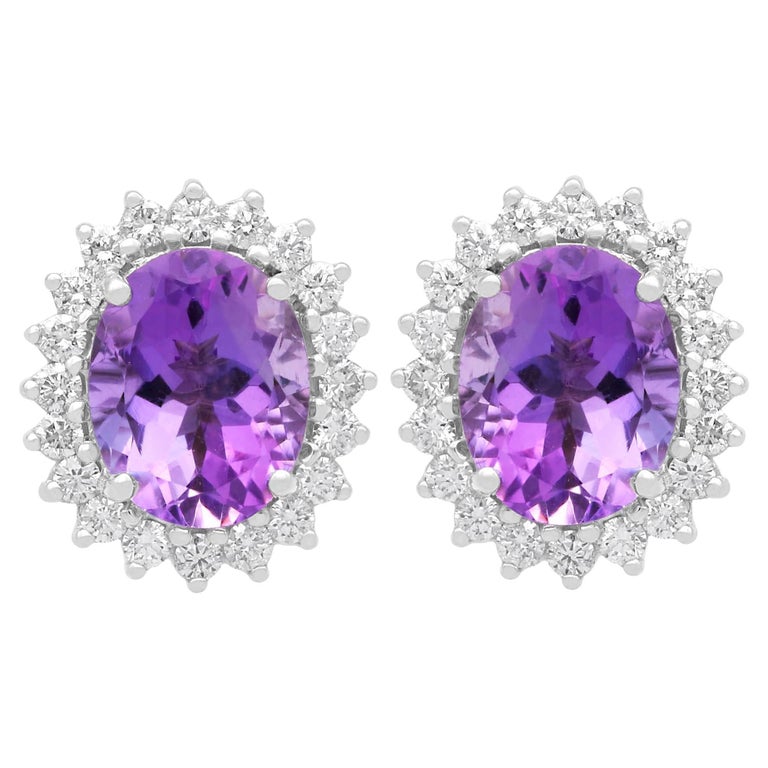 Vintage 3.50ct Amethyst and 0.80ct Diamond Cluster Earrings in 9ct White  Gold For Sale at 1stDibs